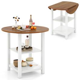 Gymax - Folding Round Dining Table Drop Leaf Table w/ 2 Shelves for Small Spaces - White, Natural