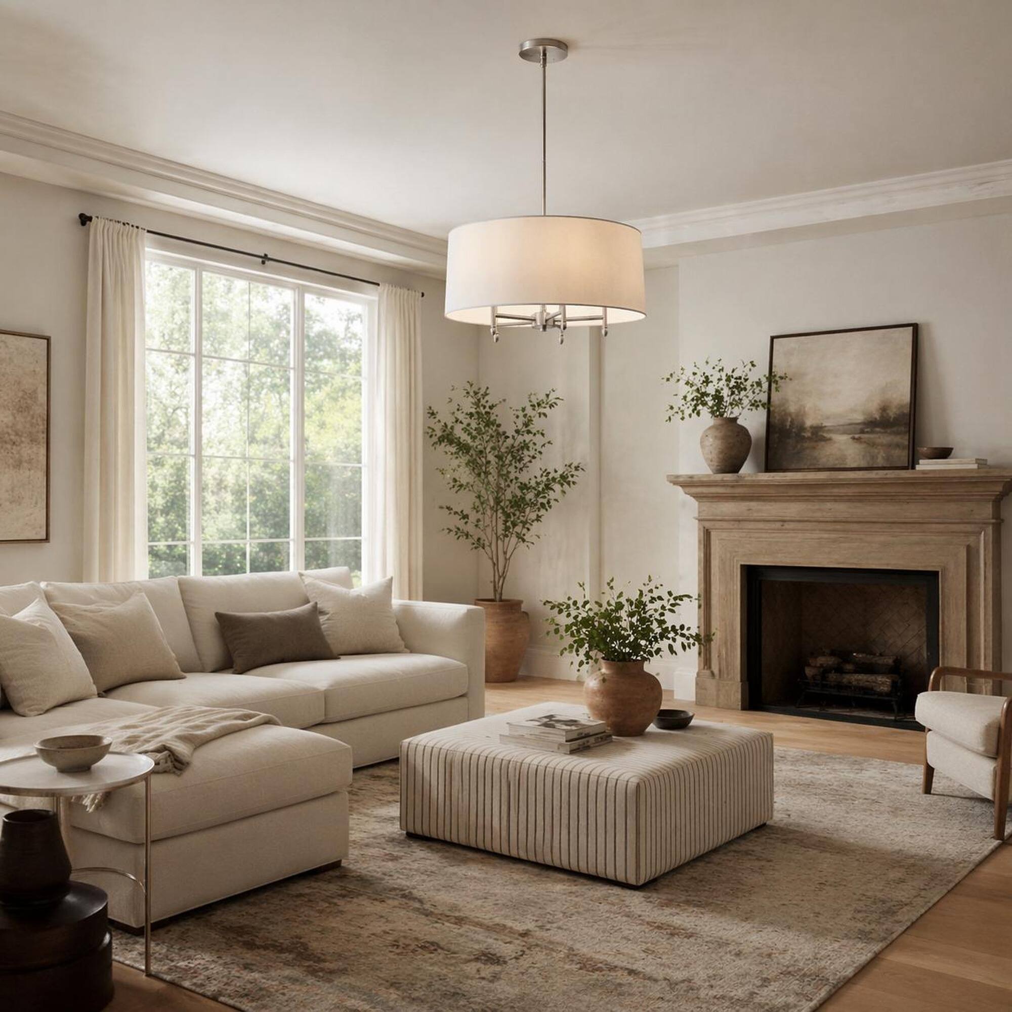 Angle. RYHNUYNE - 5-Light Drum Pendant Light, Farmhouse Chandelier with White Linen Shade for Dining Room Kitchen Island - Silver.