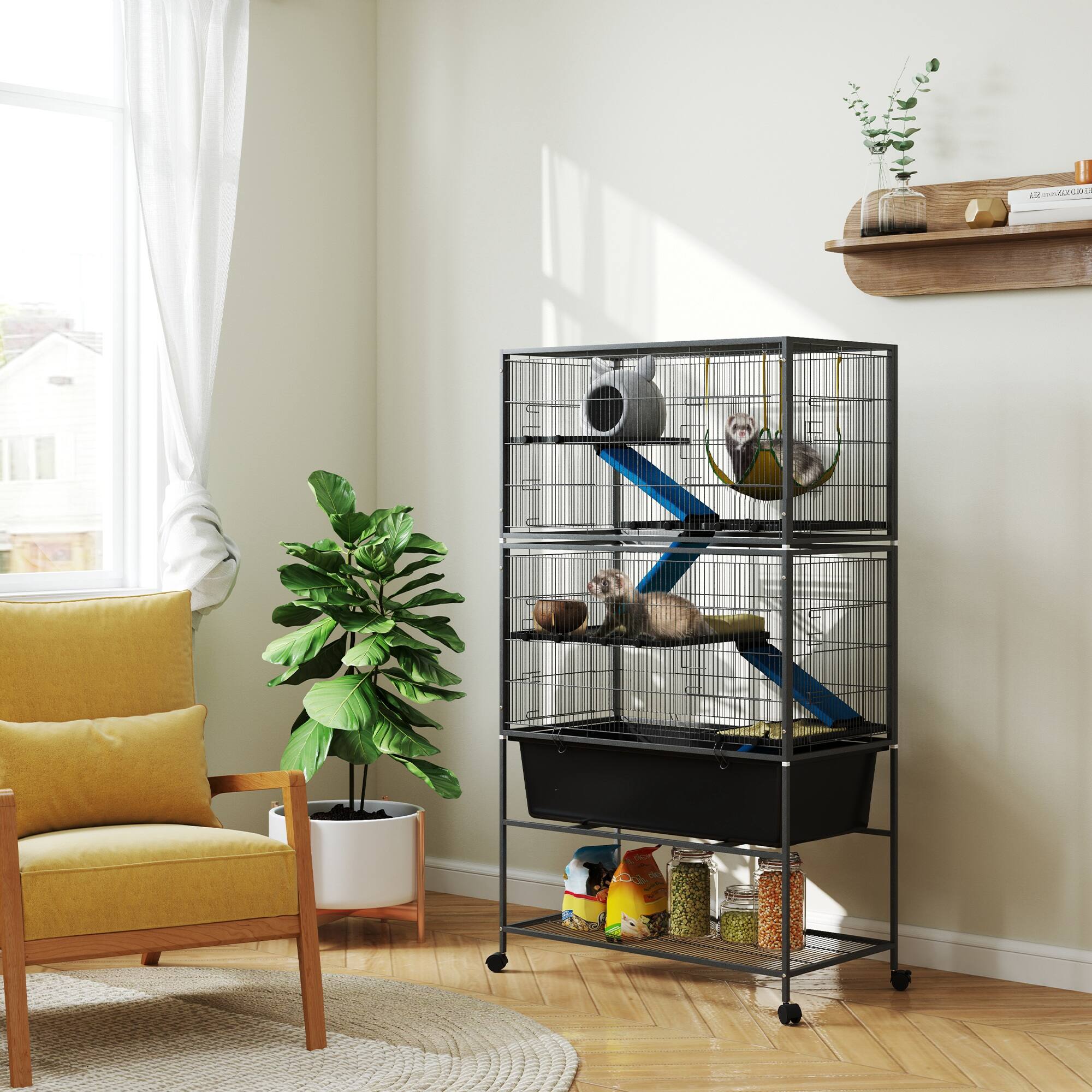 Angle. Pawhut - 59" 5-Level Small Animal Cage, Slide Out 6.3" Deep Tray, Non-Slip Cloth Covered Ramps, for Rabbits, Pet Mink, Squirrel.