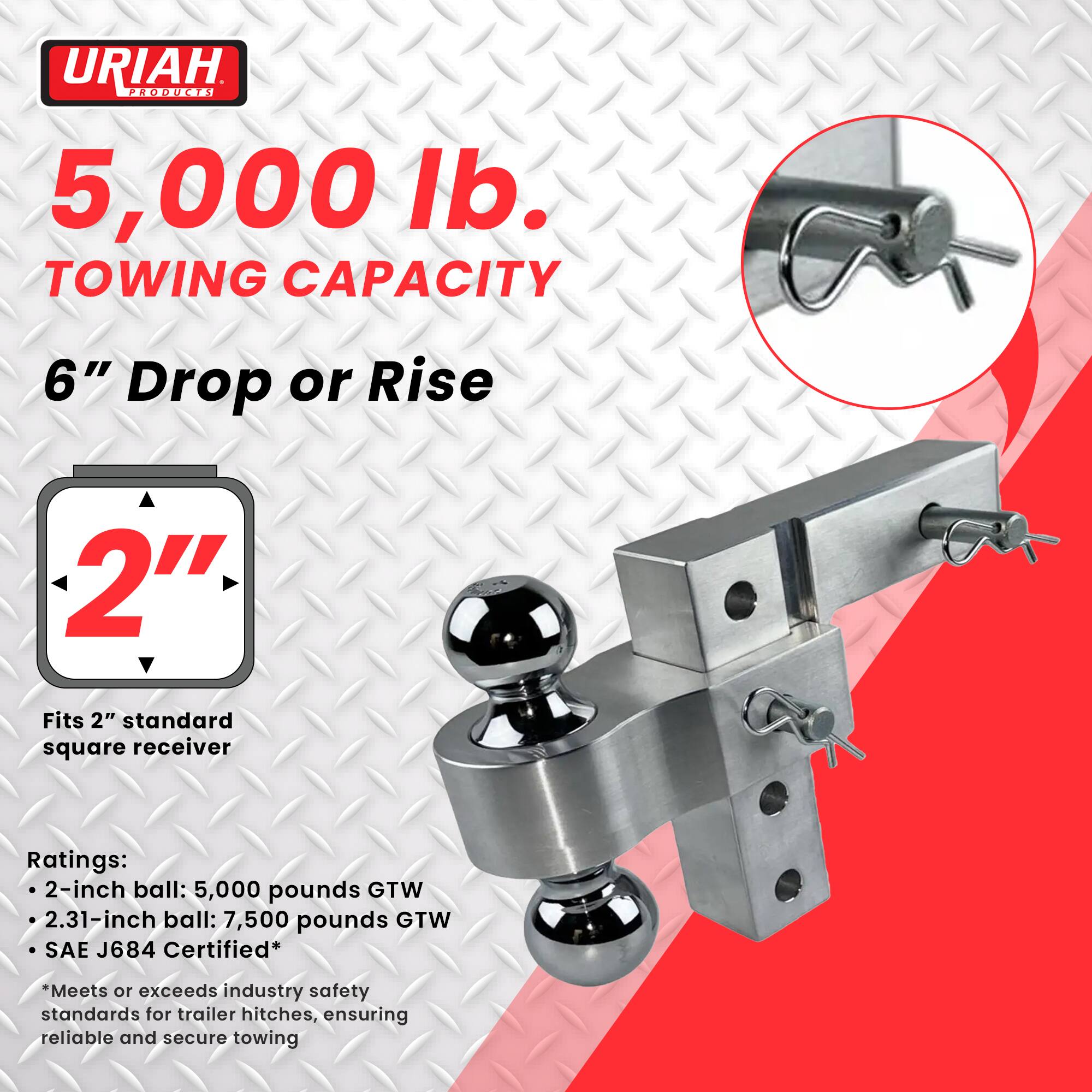 URIAH PRODUCTS

5,000 lb. TOWING CAPACITY

6" Drop or Rise

2" Fits 2" standard square receiver

Ratings:
- 2-inch ball: 5,000 pounds GTW
- 2.31-inch ball: 7,500 pounds GTW
- SAE J684 Certified*

*Meets or exceeds industry safety standards for trailer hitches, ensuring reliable and secure towing
