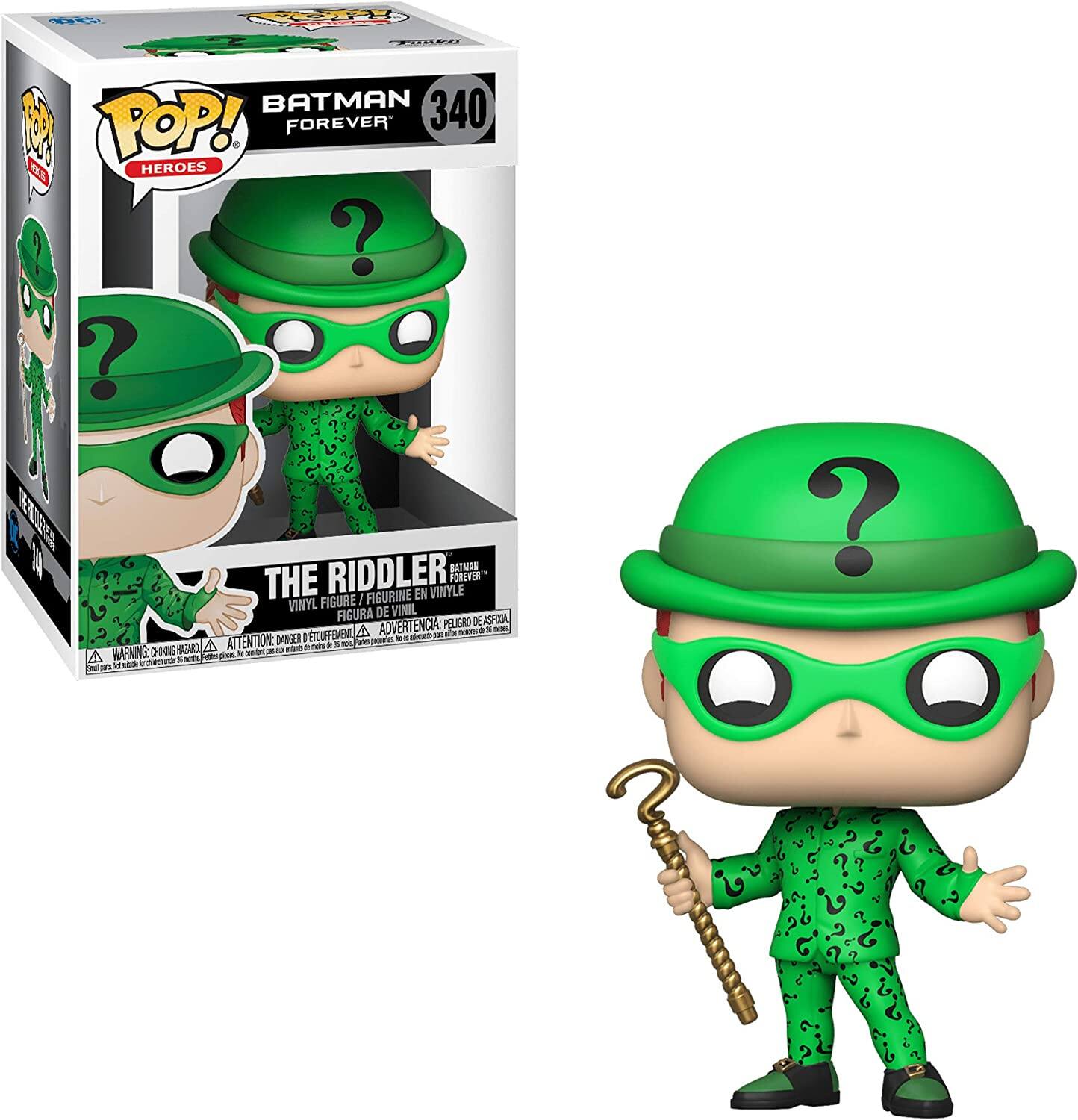 Ne Ce WERHE BATMAN 340  POP! FOREVER 0 HEROES !  ?  nATRAn THE RIDDLER EN VINYLE FOREVER VINYL FIGURE I FIGURINE FIGURA DE VINIL PELIGRO DE ASFOGA V'TOUFFEMENT A ADVERTENCIA: - NL  - DANGER Peooo W aan CHO BAZARO A ATTENTIONE - ni . - a 1  WARNING . a - Int - Stino_tan