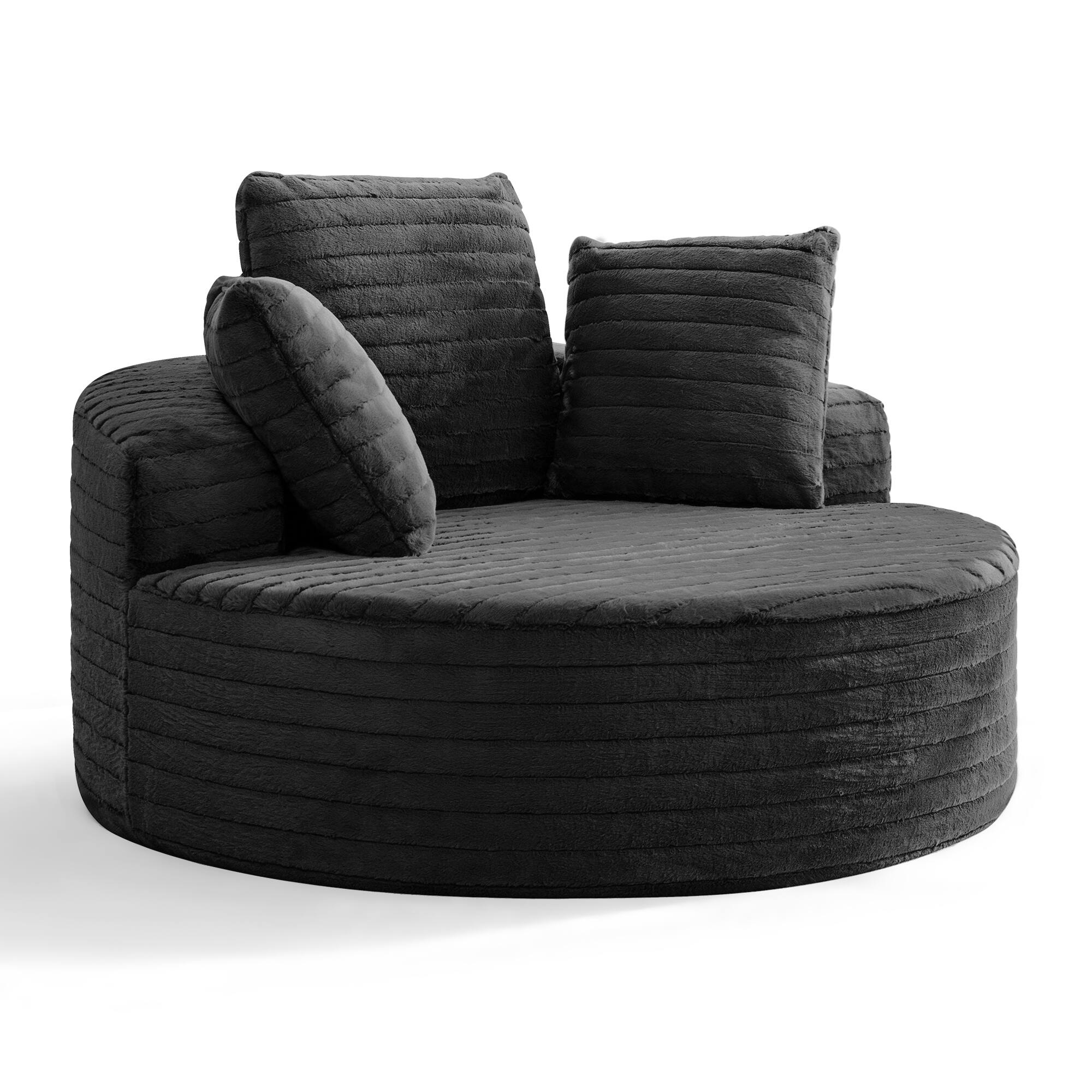 Angle. Brick Attic - 59" Wide Round Chaise Lounge Chair With Plush Upholstered Soft Big Single Couch,Modern Stump Design Large Recliner - Black.