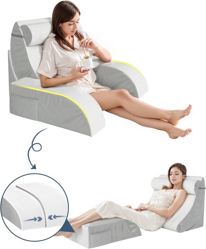 Left. wowmax - 5-Piece Bed Wedge Set for Orthopedic Support & Comfort, Adjustable Post-Surgery Pillows - White & Gray - Grey.