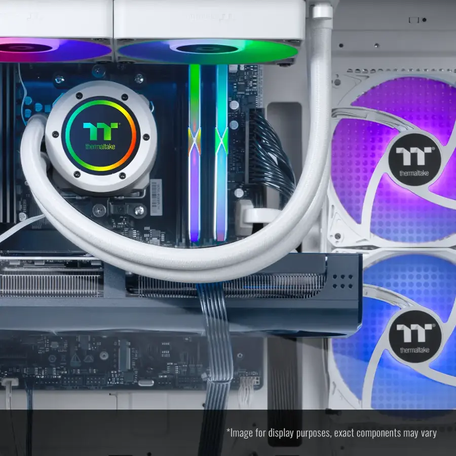 The image features a computer system with a Thermaltake logo on the side of the case. The system includes a motherboard, a CPU, and a cooling system with a fan and a radiator. The radiator is connected to the CPU, and the fan is positioned on top of the radiator. The computer system is designed to keep the components cool and efficient, ensuring optimal performance.