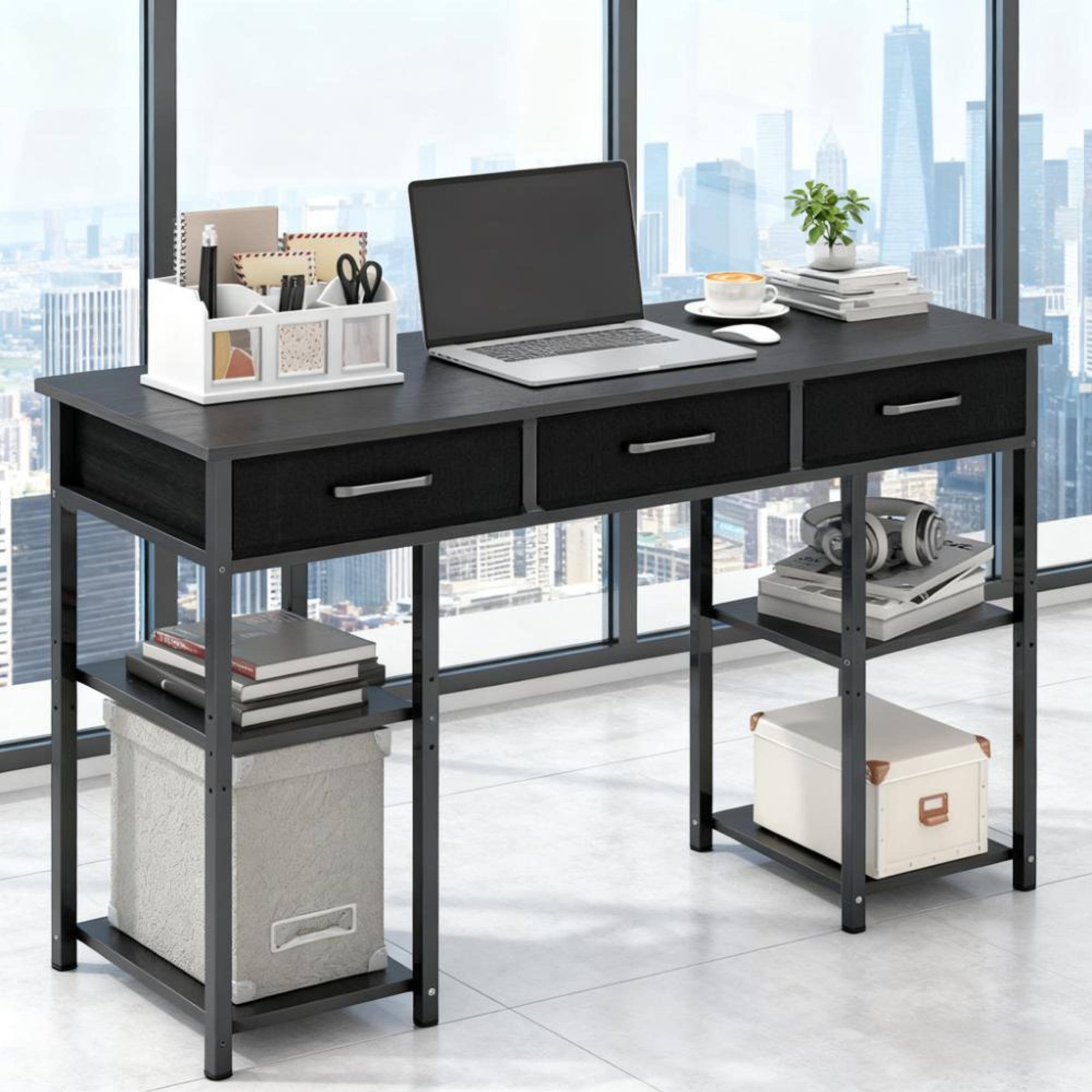 Alt View 4. GOODSILO - Compact Home Office Writing Desk with Fabric Drawers and Adjustable Storage Shelves for Small Spaces - Black.