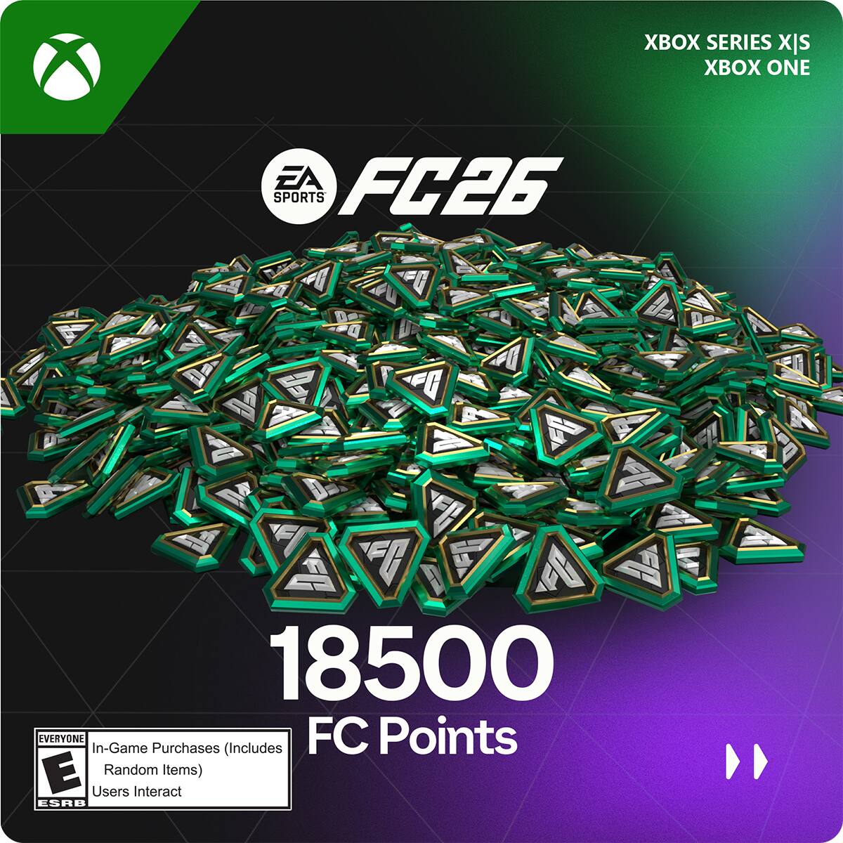 XBOX SERIES X|S
XBOX ONE
EA SPORTS
FC26
18500
FC Points
In-Game Purchases (Includes Random Items)
Users Interact
EVERYONE
E
ESRB