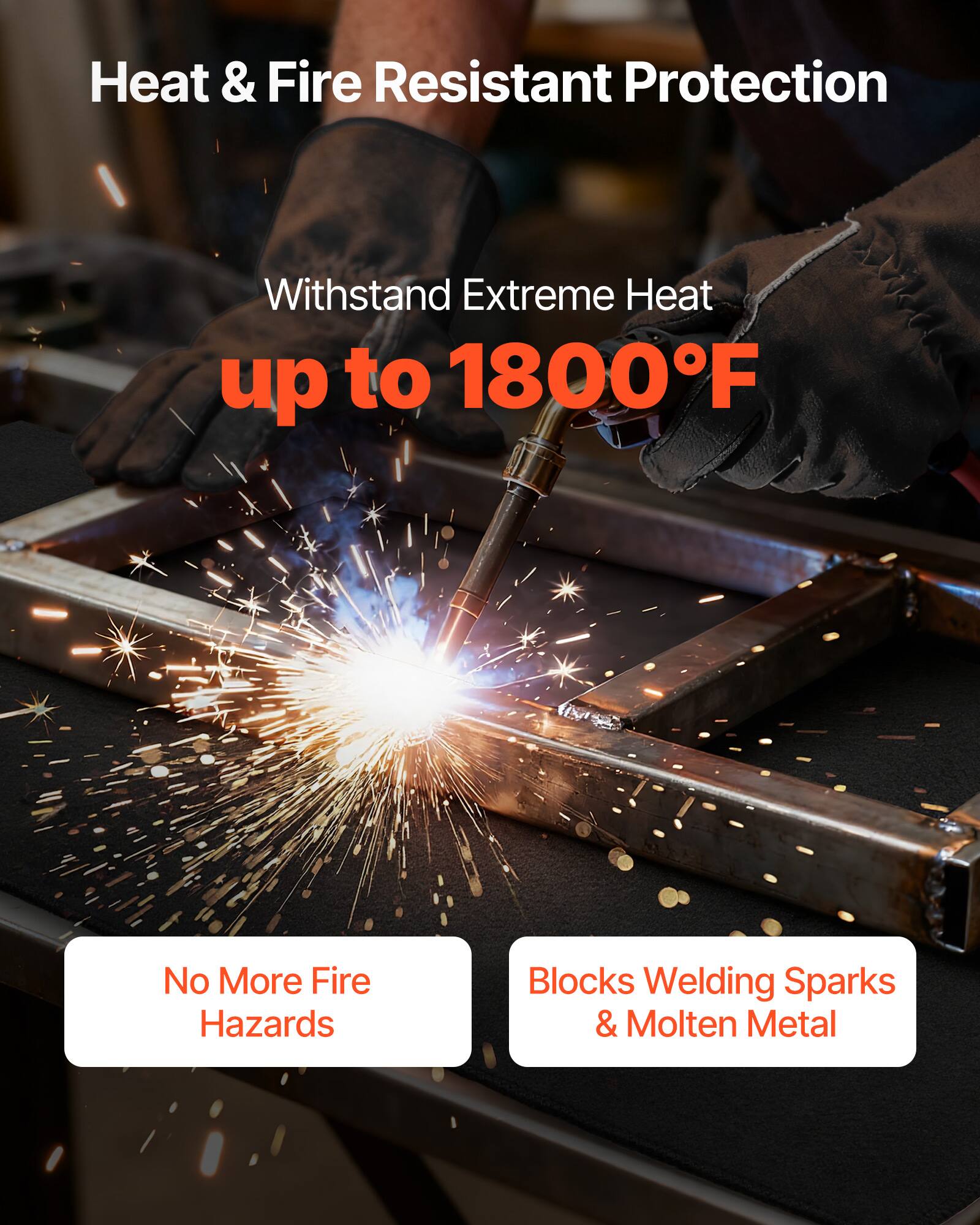 Heat & Fire Resistant Protection  
Withstand Extreme Heat up to 1800°F  
No More Fire Hazards  
Blocks Welding Sparks & Molten Metal