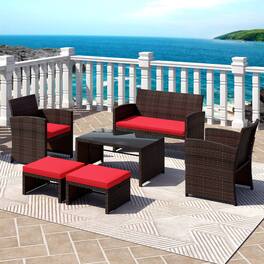 Gymax - 6 PCS Patio Furniture Set w/ 1 Loveseat 1 Coffee Table 2 Armchairs 2 Ottomans Red - Mix Brown, Red