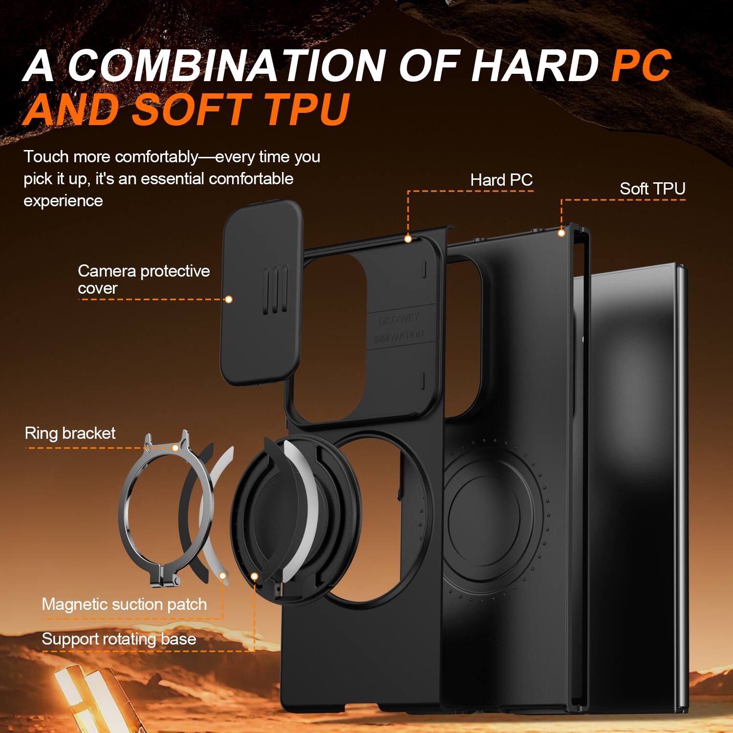A COMBINATION OF HARD PC AND SOFT TPU

Touch more comfortably—every time you pick it up, it's an essential comfortable experience

Camera protective cover

Ring bracket

Magnetic suction patch

Support rotating base

Hard PC

Soft TPU