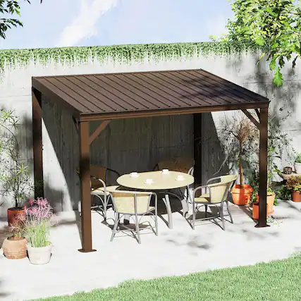 Front. Mondawe - 8x10FT Lean to Gazebo Hardtop,Expandable Wall Mounted Pergola,Gutters & Galvanized Steel Roof - Brown.