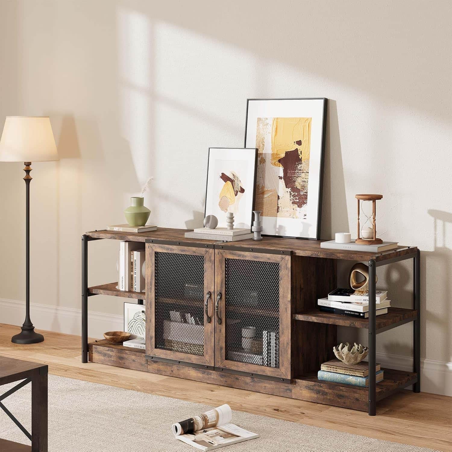 Acekool - TV Stand for 70+ Inch TV, Rustic Entertainment Center TV Media Console Table, Farmhouse Television Stands with Mesh Door - Oak