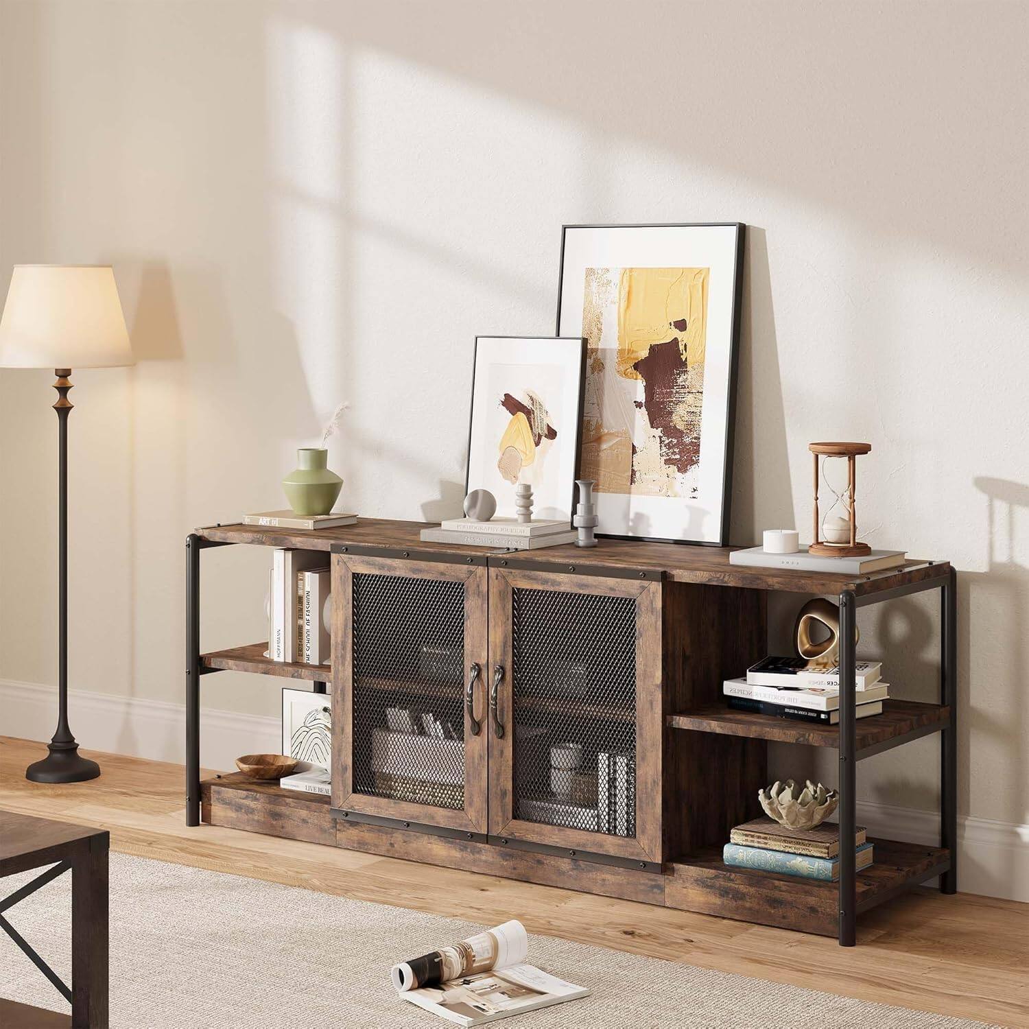 Acekool - TV Stand for 70+ Inch TV, Rustic Entertainment Center TV Media Console Table, Farmhouse Television Stands with Mesh Door - Oak