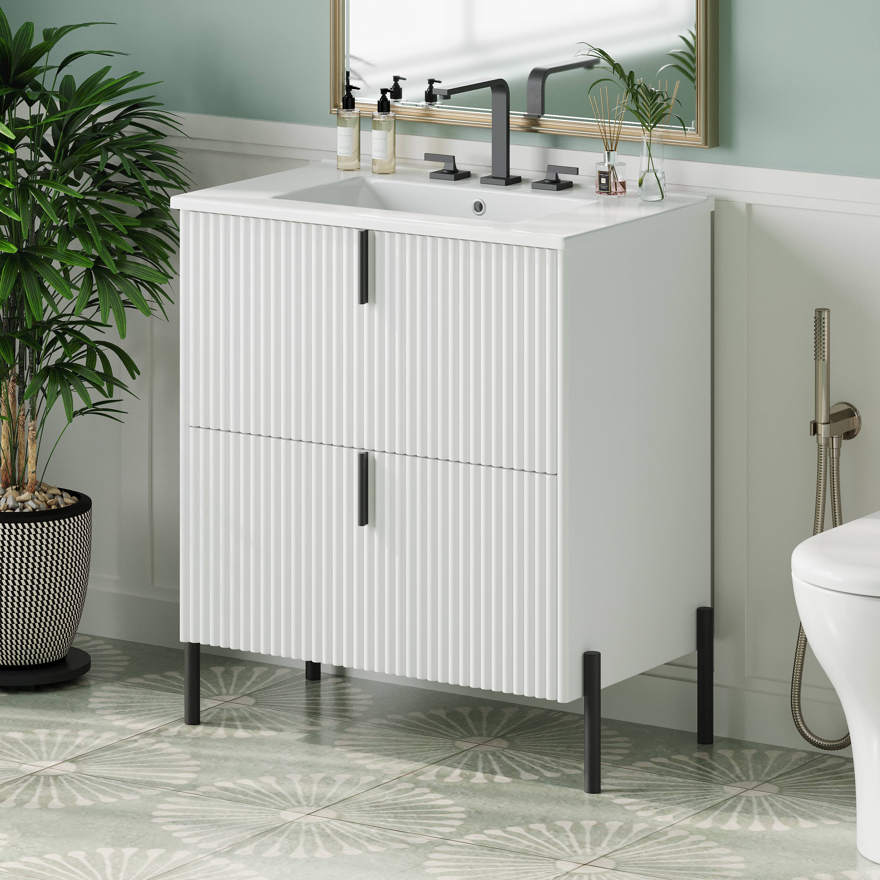 Back. Loheer - 2.5 ft Bathroom Vanity with Ceramic Sink and Soft-Close Drawers - White.