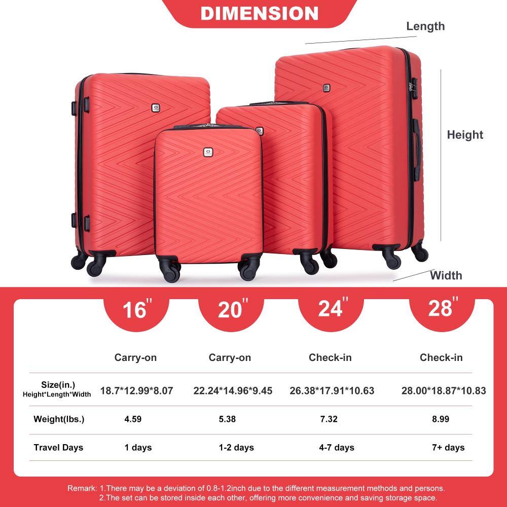 **DIMENSION**

- **Length**
- **Height**
- **Width**

| Size (in.) | Carry-on 16" | Carry-on 20" | Check-in 24" | Check-in 28" |
|-----------|-------------|-------------|-------------|-------------|
| Height*Length*Width | 18.7*12.99*8.07 | 22.24*14.96*9.45 | 26.38*17.91*10.63 | 28.00*18.87*10.83 |
| Weight (lbs.) | 4.59 | 5.38 | 7.32 | 8.99 |
| Travel Days | 1 day | 1-2 days | 4-7 days | 7+ days |

**Remark:**
1. There may be a deviation of 0.8-1.2 inch due to the different measurement methods and persons.
2. The set can be stored inside each other, offering more convenience and saving storage space.