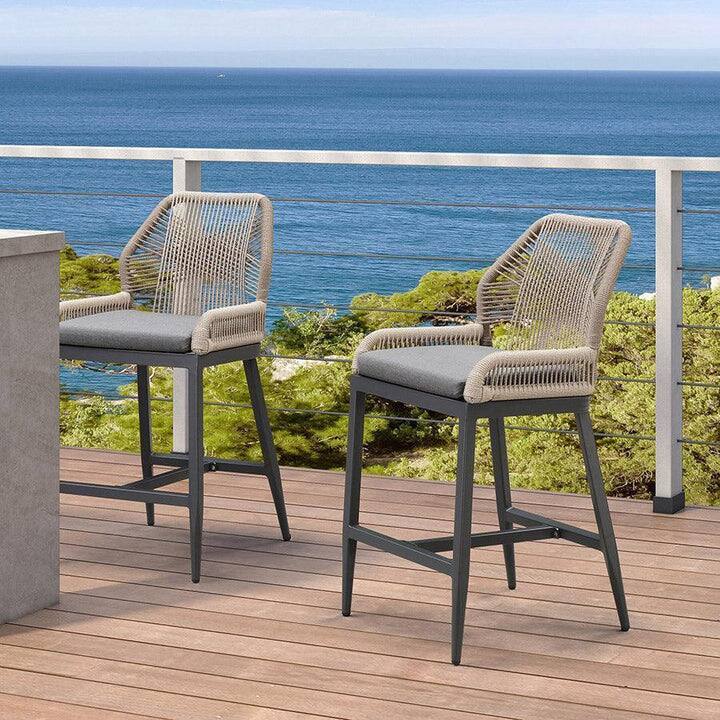Alt View 1. PURPLE LEAF - Outdoor Sunbrella Bar Stool Set of 2, Wicker Rattan Bar stools with Back Aluminum Outside Garden Patio Bar Chairs - Dark Grey & Grey-Bar Height.