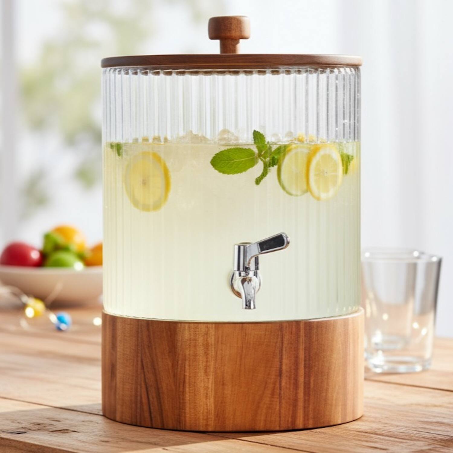 Angle. Jay Import - Naples Beverage Dispenser With Wooden Lid & Base 1.5 Gal - Clear.
