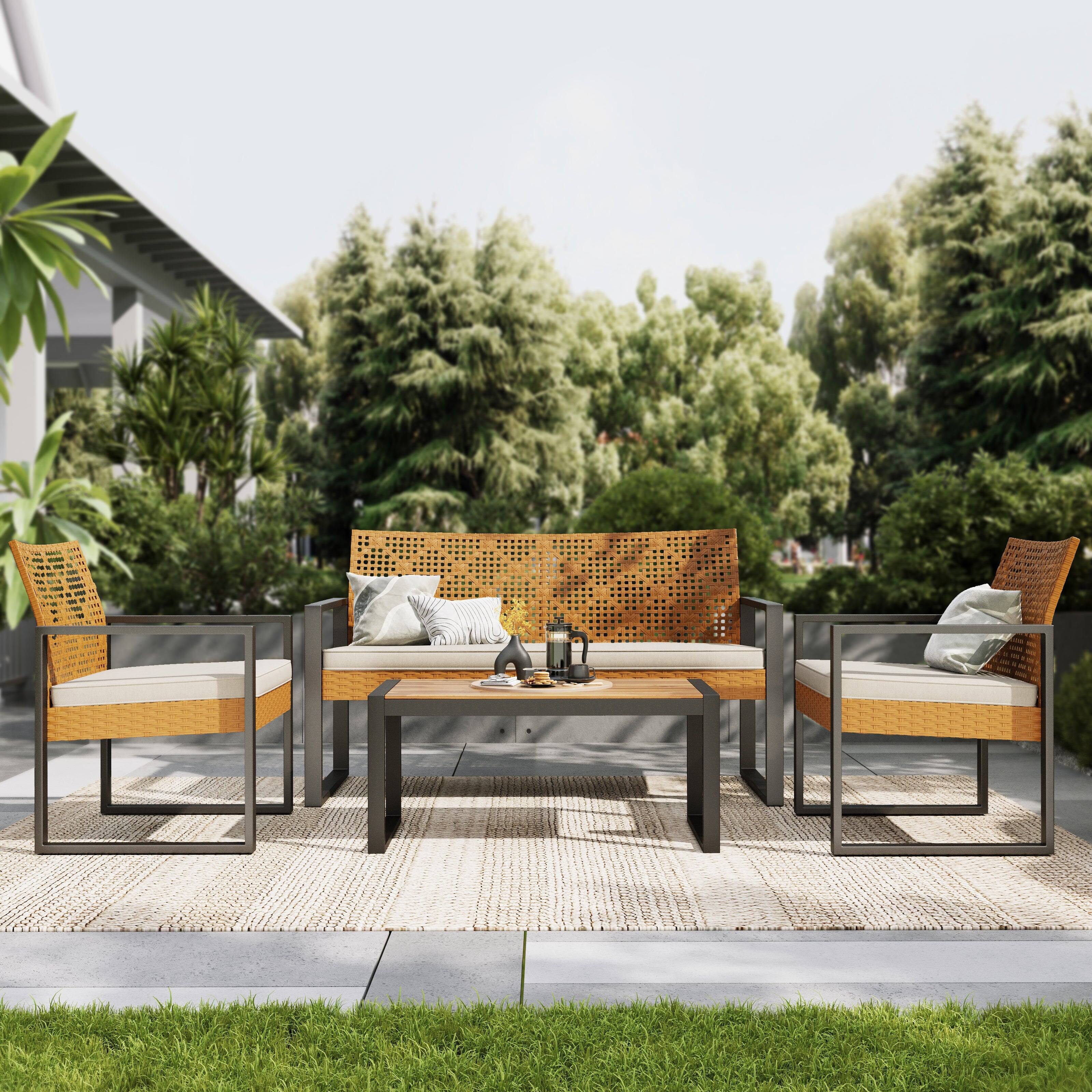 Front. SUMMIT LIVING - 4-Piece Wicker Patio Furniture Set with Acacia Wood Table, Weather-Resistant Outdoor Conversation Set - Brown & Beige.