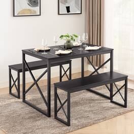 Vecelo - Dining Set: 55" Table & 2 Benches - Space Saving Design, Easy Assembly, Metal Frame, 4-Person Family Dining - Black
