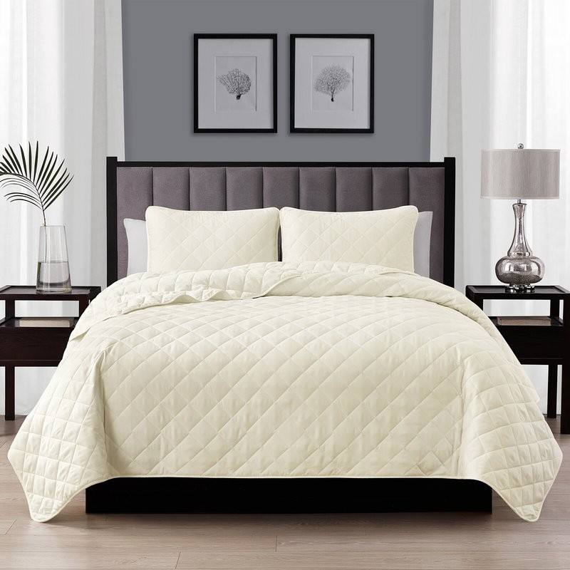 Front. Hivvago - Twin/Twin XL 2-Piece Ivory Microfiber Reversible Diamond Quilt Set - Ivory.