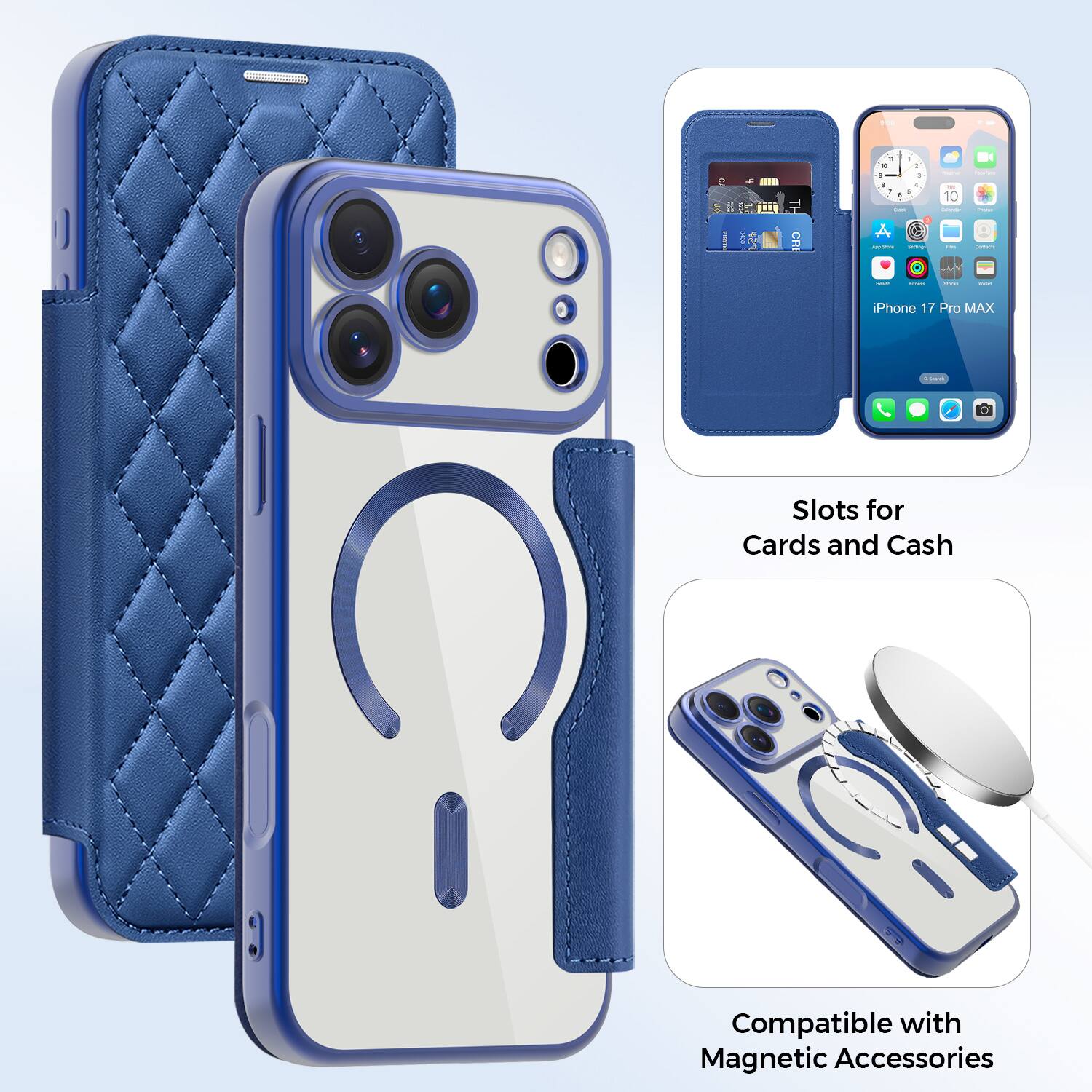 1 | E .... CRI . . - 1 - - - a . - 1 - A - I | - 10 | I | I | | : iPhone 17 Pro MAX

Slots for Cards and Cash

Compatible with Magnetic Accessories