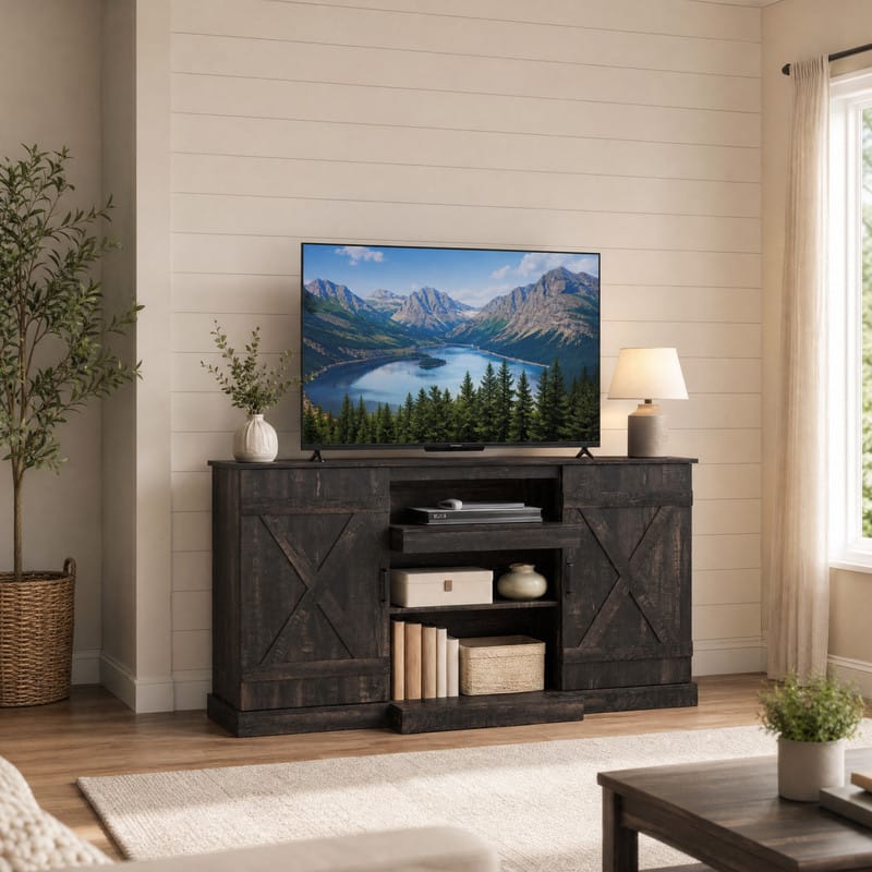 WELLFOR - Farmhouse TV stand for TVs up to 65", Entertainment Center with LED Light & Barn Door - Coffee