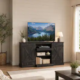 WELLFOR - Farmhouse TV stand for TVs up to 65", Entertainment Center with LED Light & Barn Door - Coffee