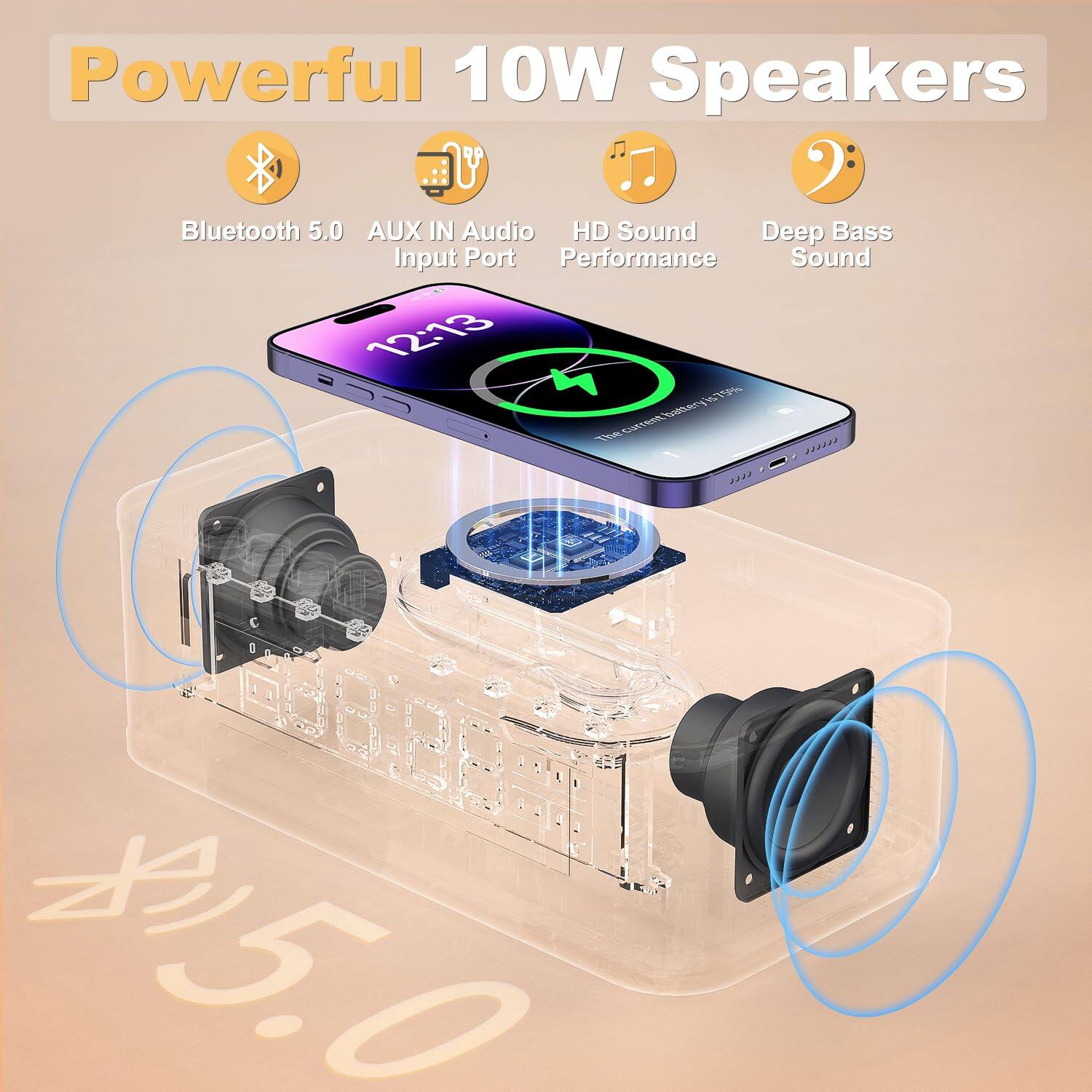 Powerful 10W Speakers

- Bluetooth 5.0
- AUX IN Audio Input Port
- HD Sound Performance
- Deep Bass Sound

12:13

The correct text from the image is:
"Powerful 10W Speakers
Bluetooth 5.0
AUX IN Audio Input Port
HD Sound Performance
Deep Bass Sound
12:13"