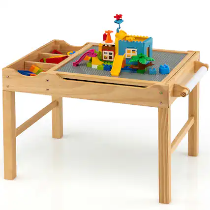 Front. Costway - Costway Kids Multi Activity Play Table Wooden Building Block Desk w/ Storage Paper Roll - Natural.