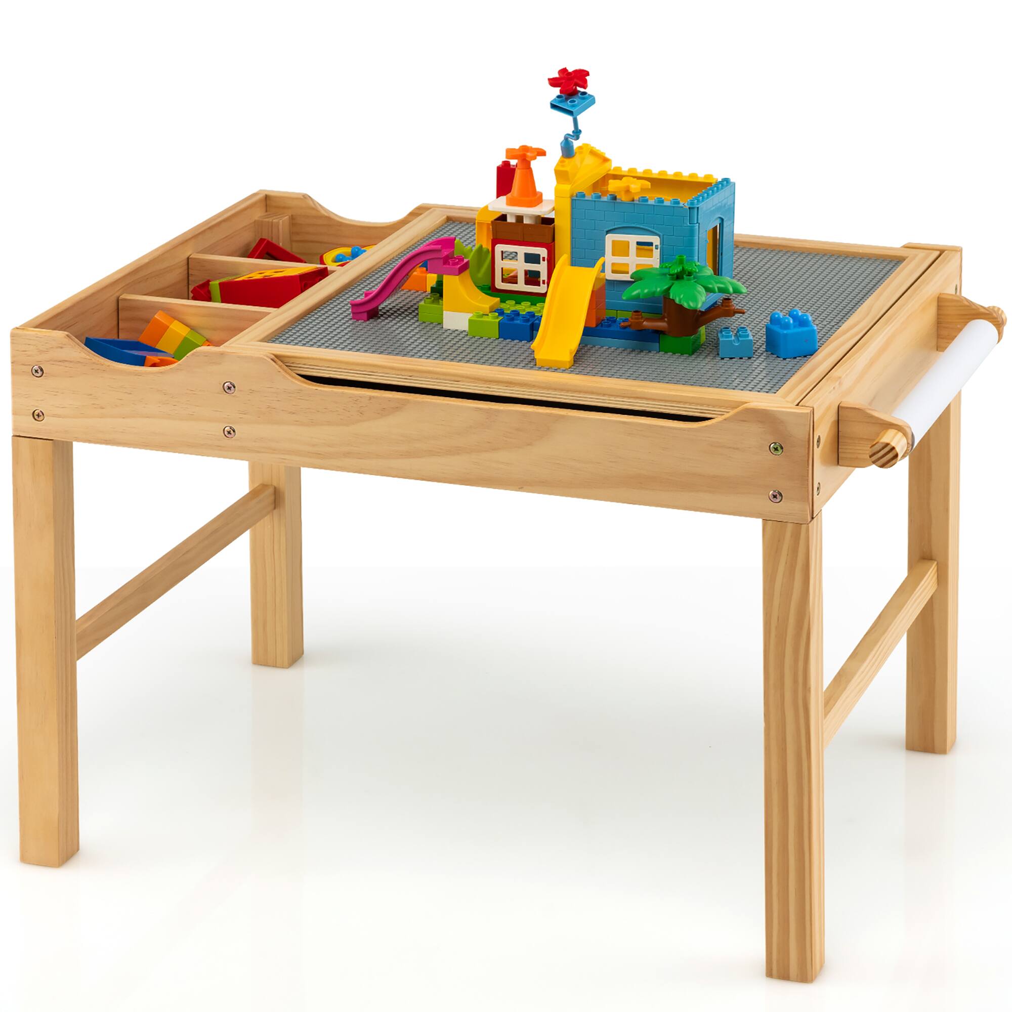 Front. Costway - Costway Kids Multi Activity Play Table Wooden Building Block Desk w/ Storage Paper Roll - Natural.