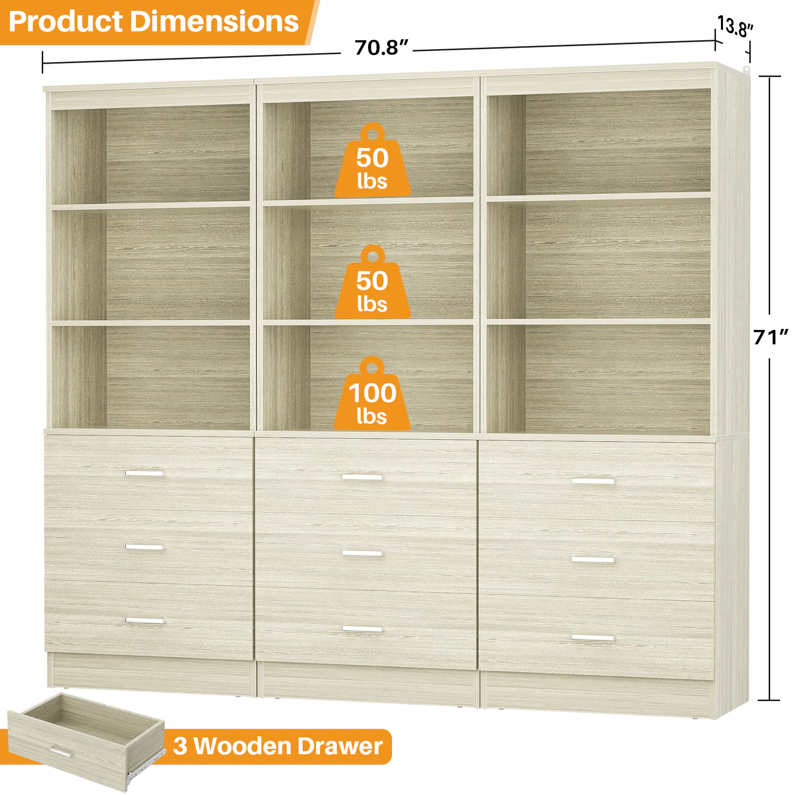 Product Dimensions: 70.8" x 13.8" x 71"  
Weight Capacity: 50 lbs (top two shelves), 100 lbs (bottom shelf)  
3 Wooden Drawers