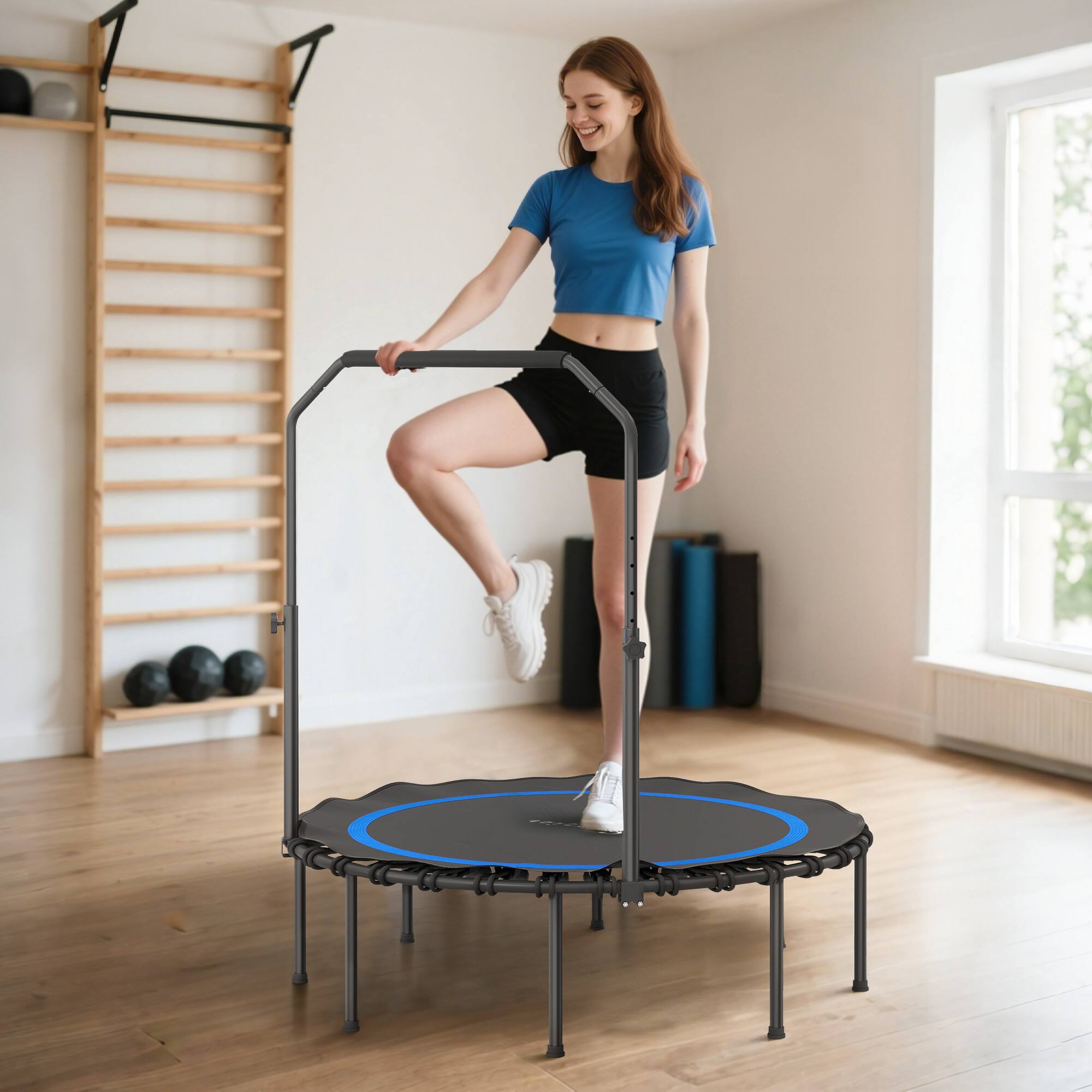 Alt View 1. Soozier - 45"/48" Rebounder Trampoline for Adults, Foldable Mini Trampoline with Adjustable Handle Bar - Blue.