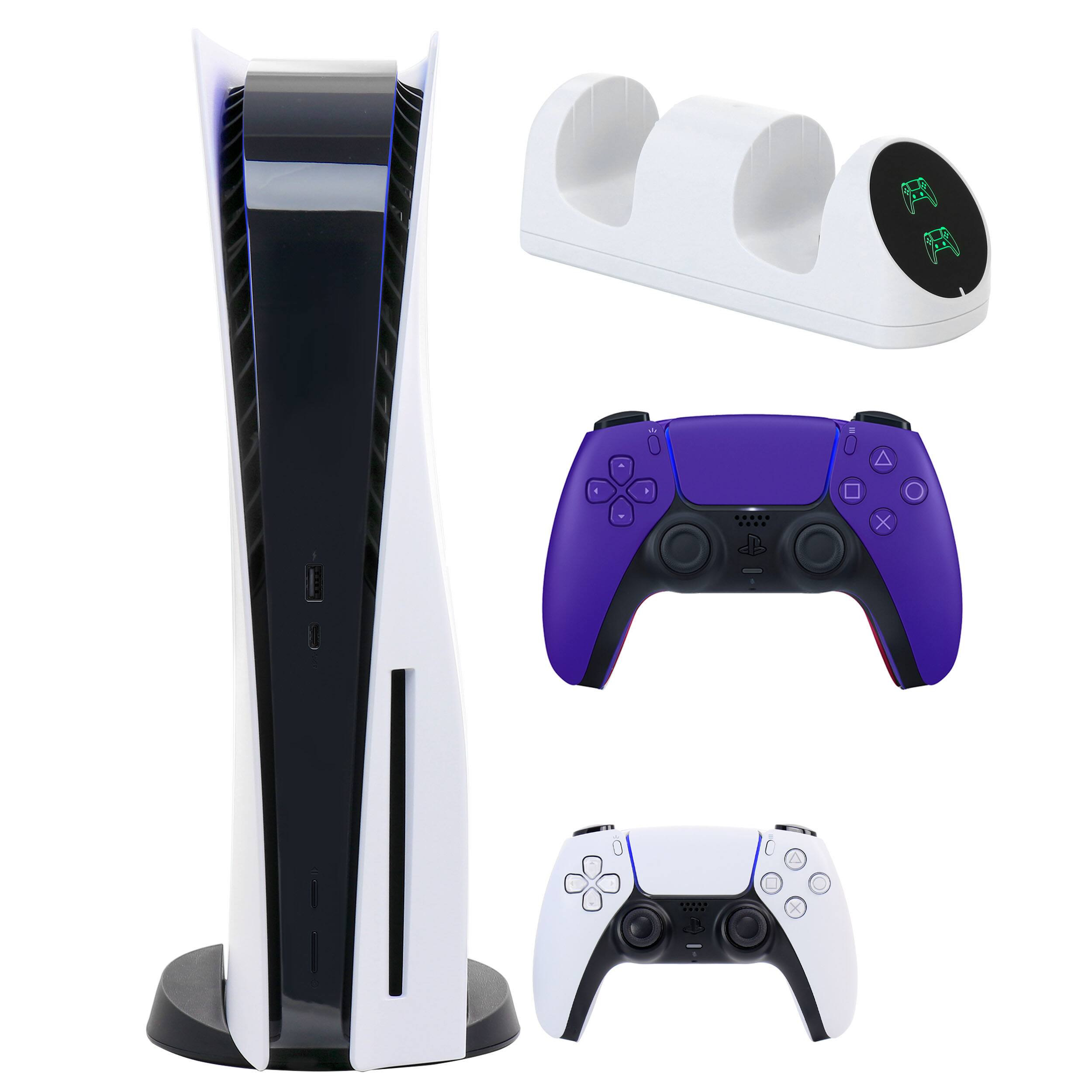 Front. Sony - PS5 Core with Extra Purple Dualsense Controller and Dual Charging Dock - White.