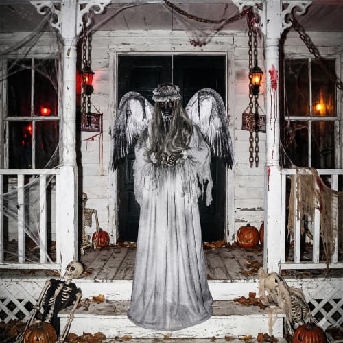 Winado - 5.7FT Halloween Crying Angel with Lighted Eyes, Shaking Turning Head, Scary Sound for Indoor Outdoor Holiday Decoration - Light Gray