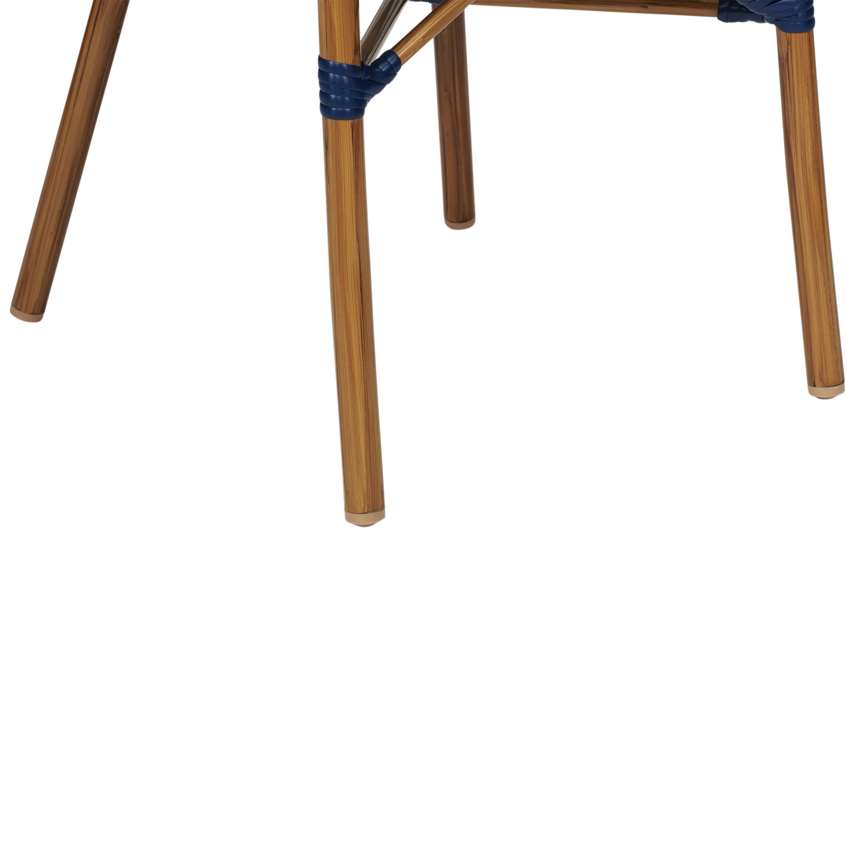 Alt View 10. Emma + Oliver - Soie Indoor/Outdoor Stacking Thonet Bistro Style Chair with Arms, PE Rattan Seat and Bamboo Finished Metal Frame - Navy & White/Natural Frame.