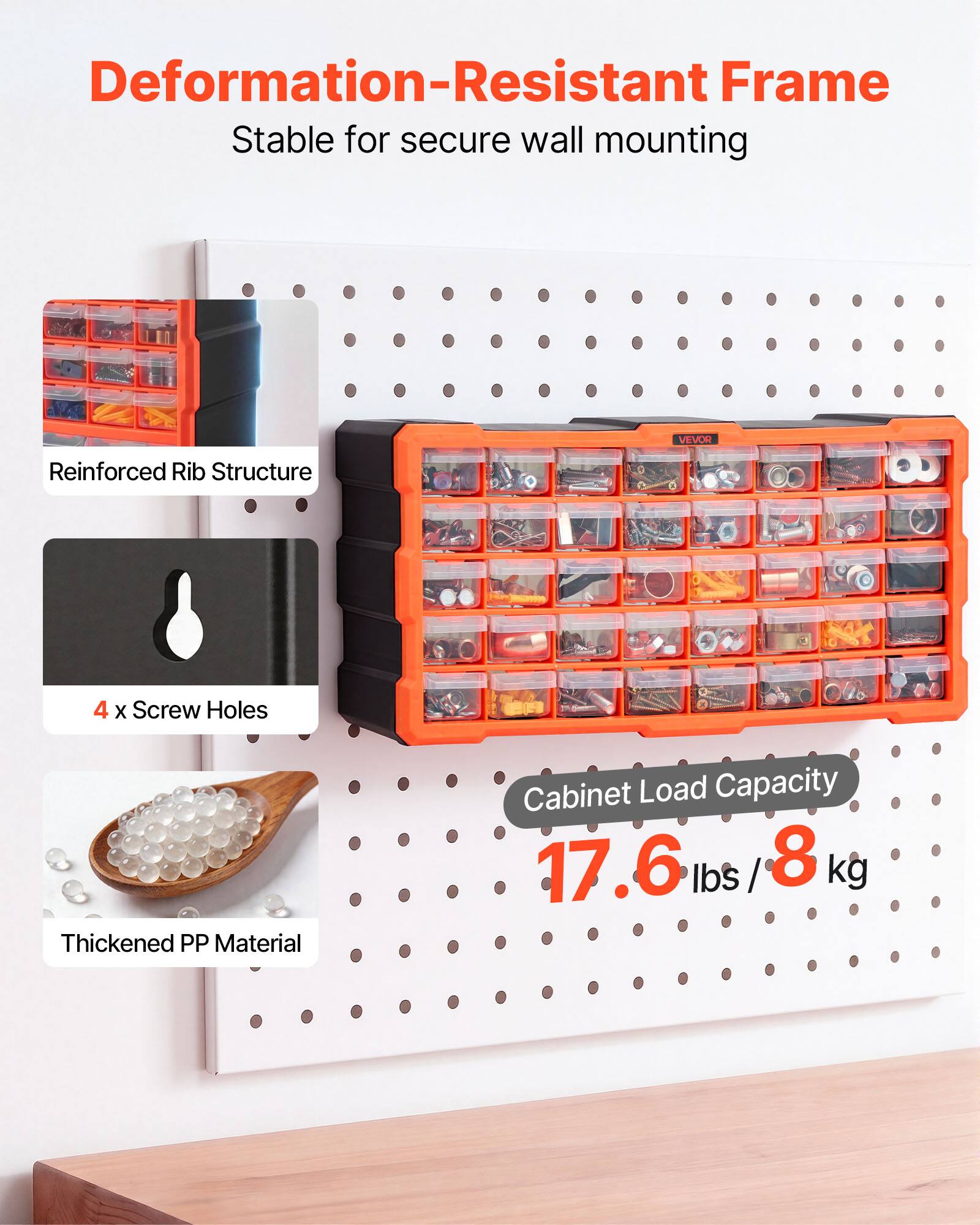 Deformation-Resistant Frame  
Stable for secure wall mounting  
VEVOR  
Reinforced Rib Structure  
4 x Screw Holes  
Thickened PP Material  
Cabinet Load Capacity: 17.6 lbs / 8 kg