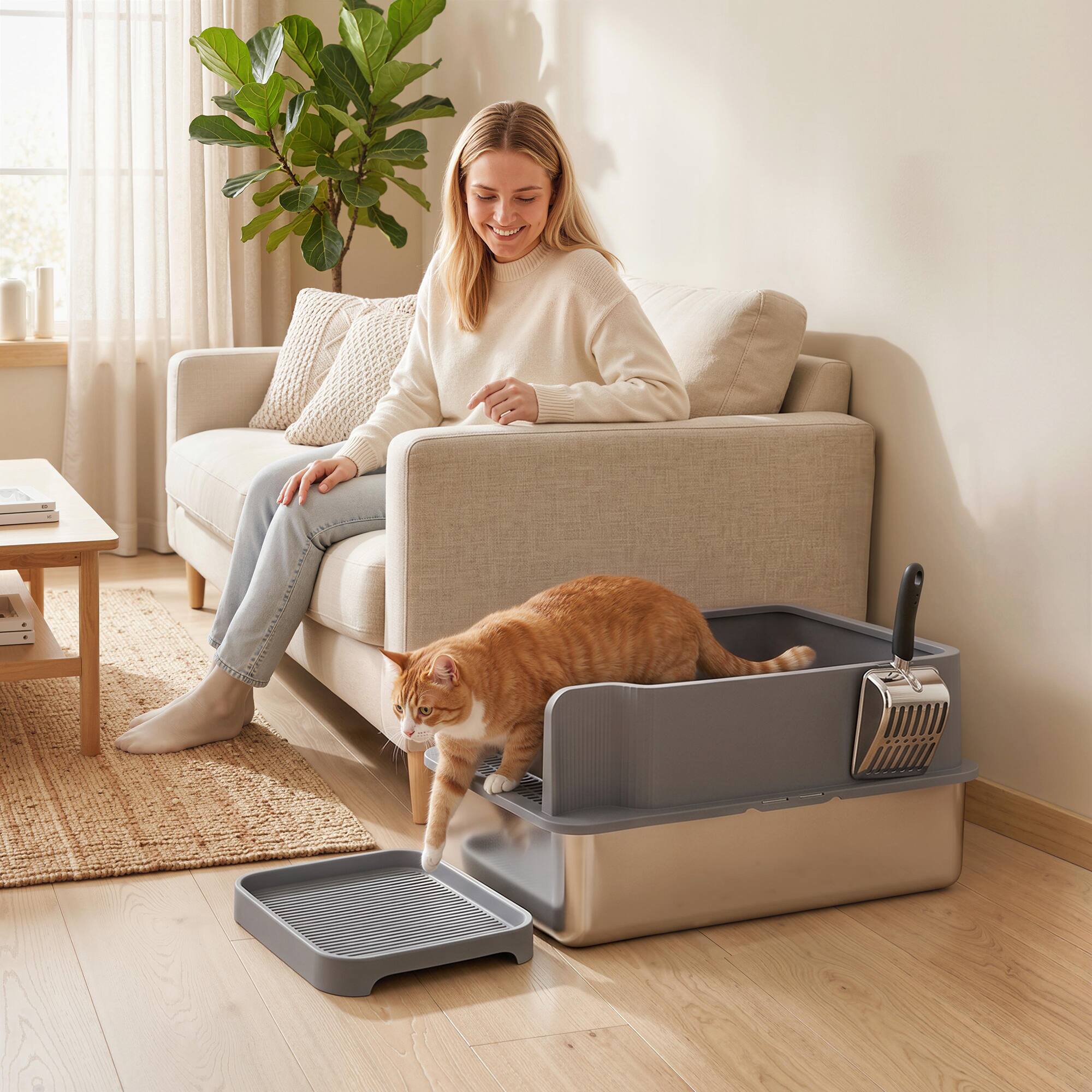 Alt View 7. Pawhut - Steel Sifting Litter Box for Pine Pellets, Large Metal Litter Box with Sifter Tray, Metal Scoop - Dark Gray.