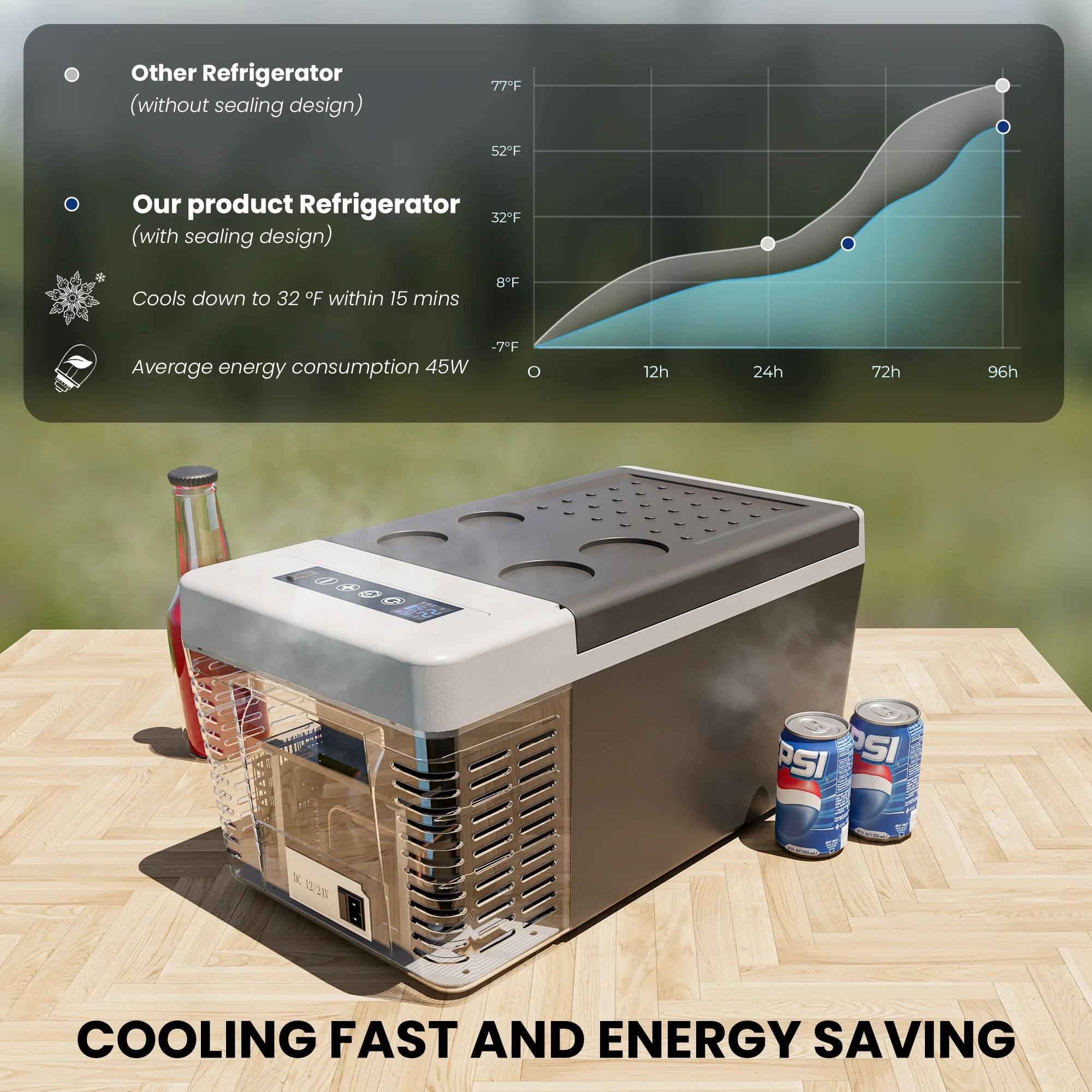 Other Refrigerator (without sealing design) 77F 52F
Our product Refrigerator 32F (with sealing design) Cools down to 32 F within 15 mins 8F Average energy consumption 45W
-TF O 12h 24h 72h 96h
30 PSI PSI X 12/20
COOLING FAST AND ENERGY SAVING