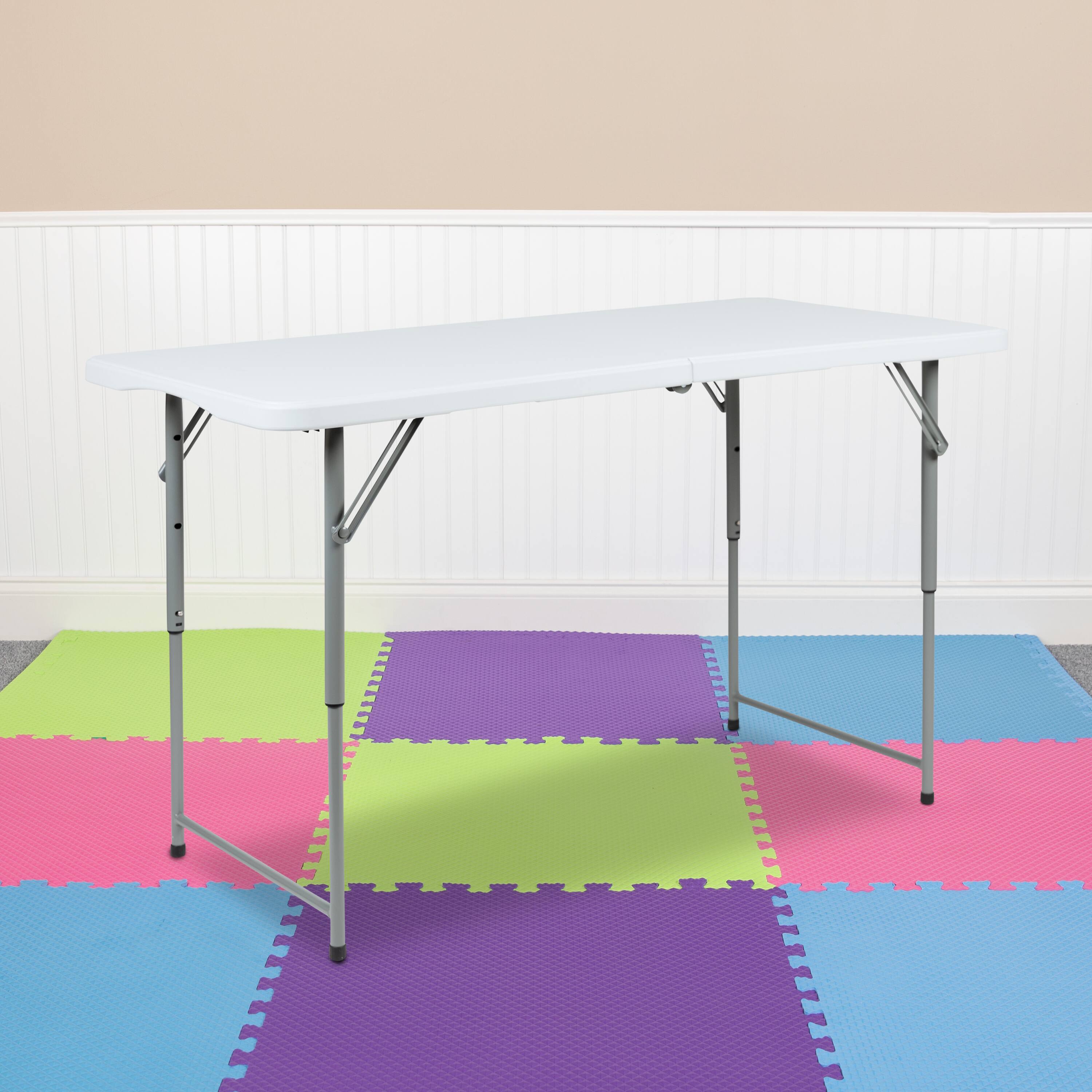 Alt View 1. Emma + Oliver - Height Adjustable Bi-Fold Plastic Folding Table with Carrying Handle - Granite White.