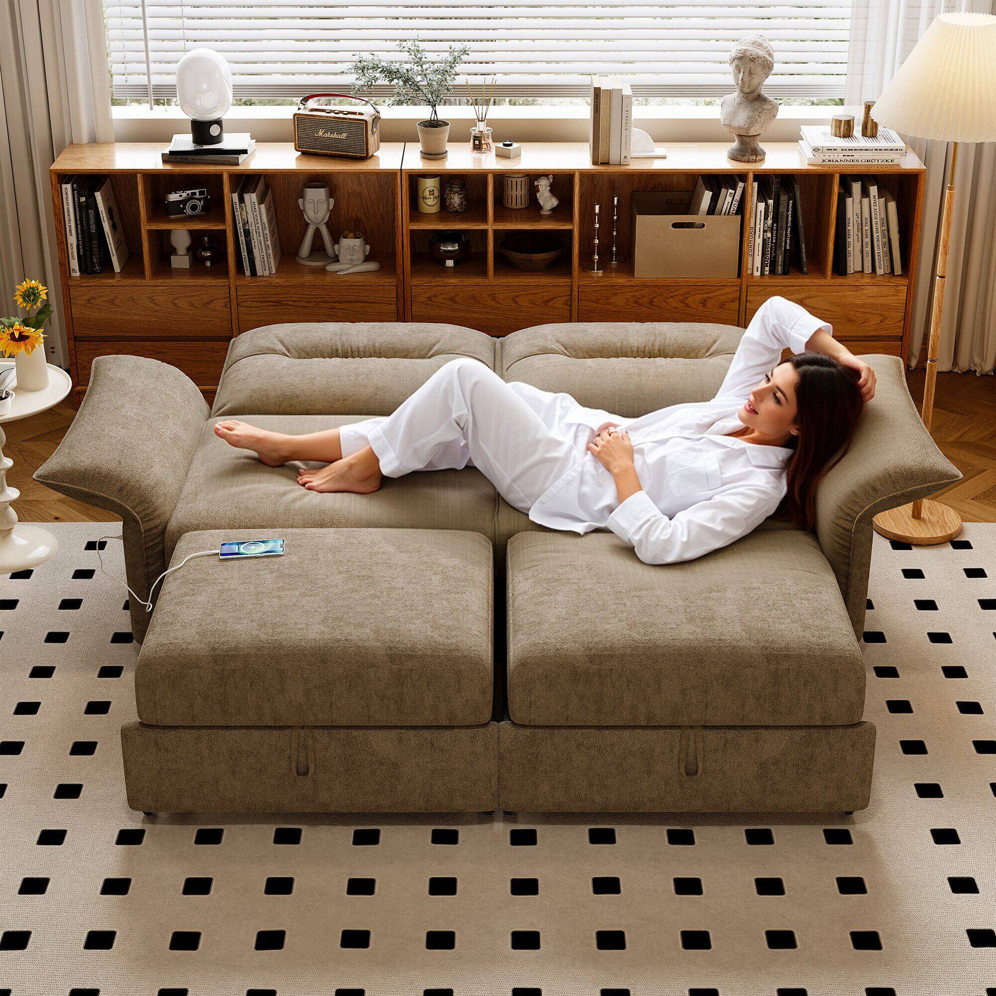 Left. LUCKY ONE - 85" 2-in-1 Convertible Sofa Bed with Plush Upholstery and Built-in USB Charging Ports - Camel.