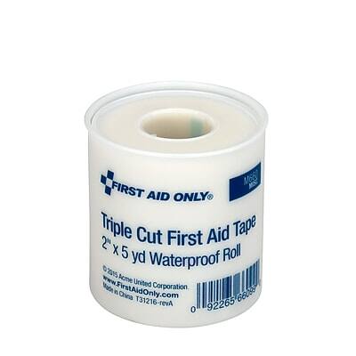 M6S0 FIRST AID ONLY Triple Cut First Aid Tape 2" x 5 yd Roll Waterproof 2015 www.AcmeUnited.com Made in China T31216-revA 92265