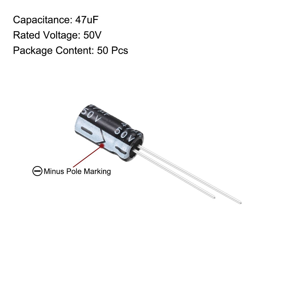 Capacitance: 47uF  
Rated Voltage: 50V  
Package Content: 50 Pcs  

Minus Pole Marking