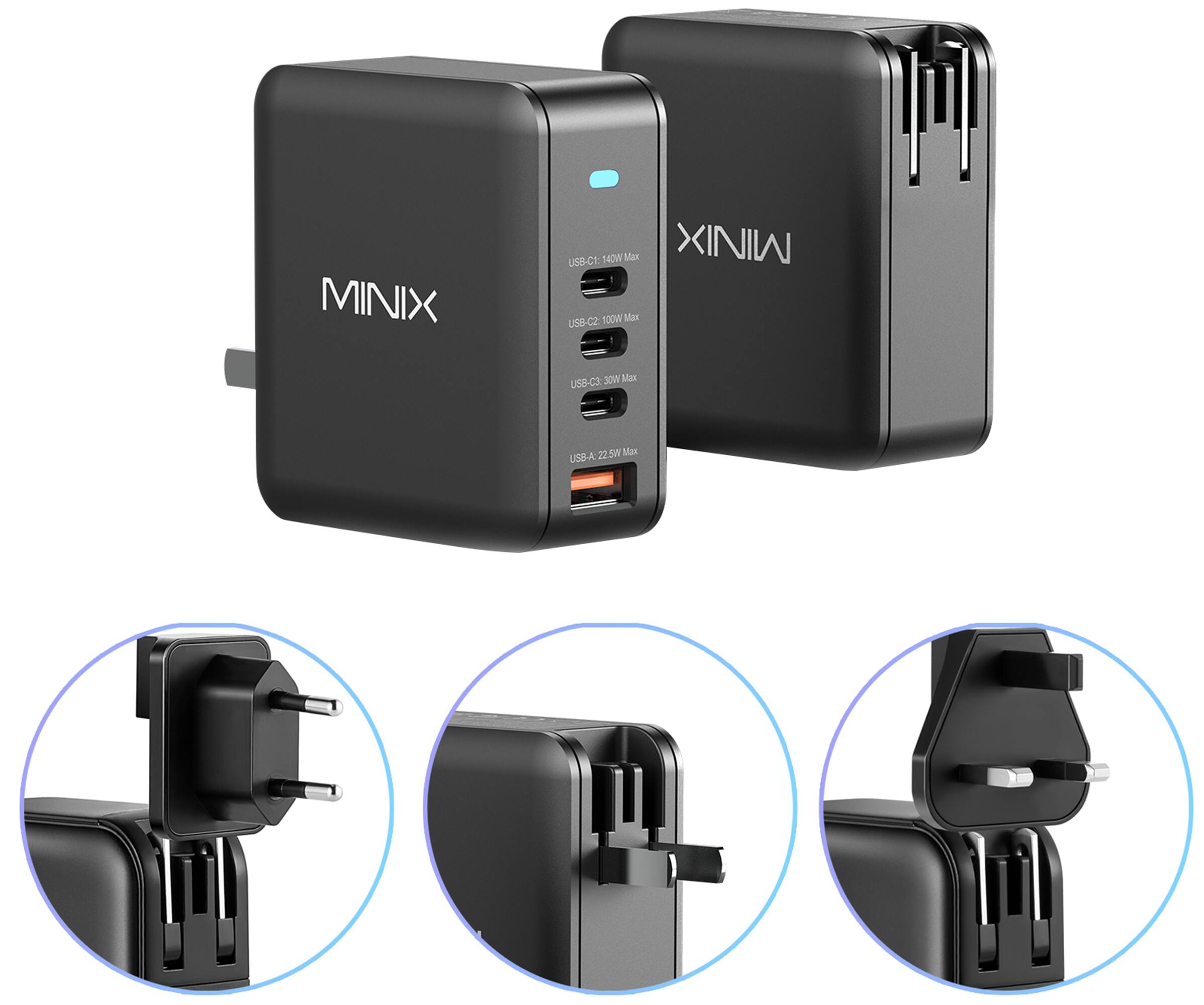 MINIX - 165W 4-Ports GaN Foldable Compact Fast Wall Charger Power Adapter with 3-USB-C/1-USB-A, US/EU/UK Plugs for Home Travel - Black
