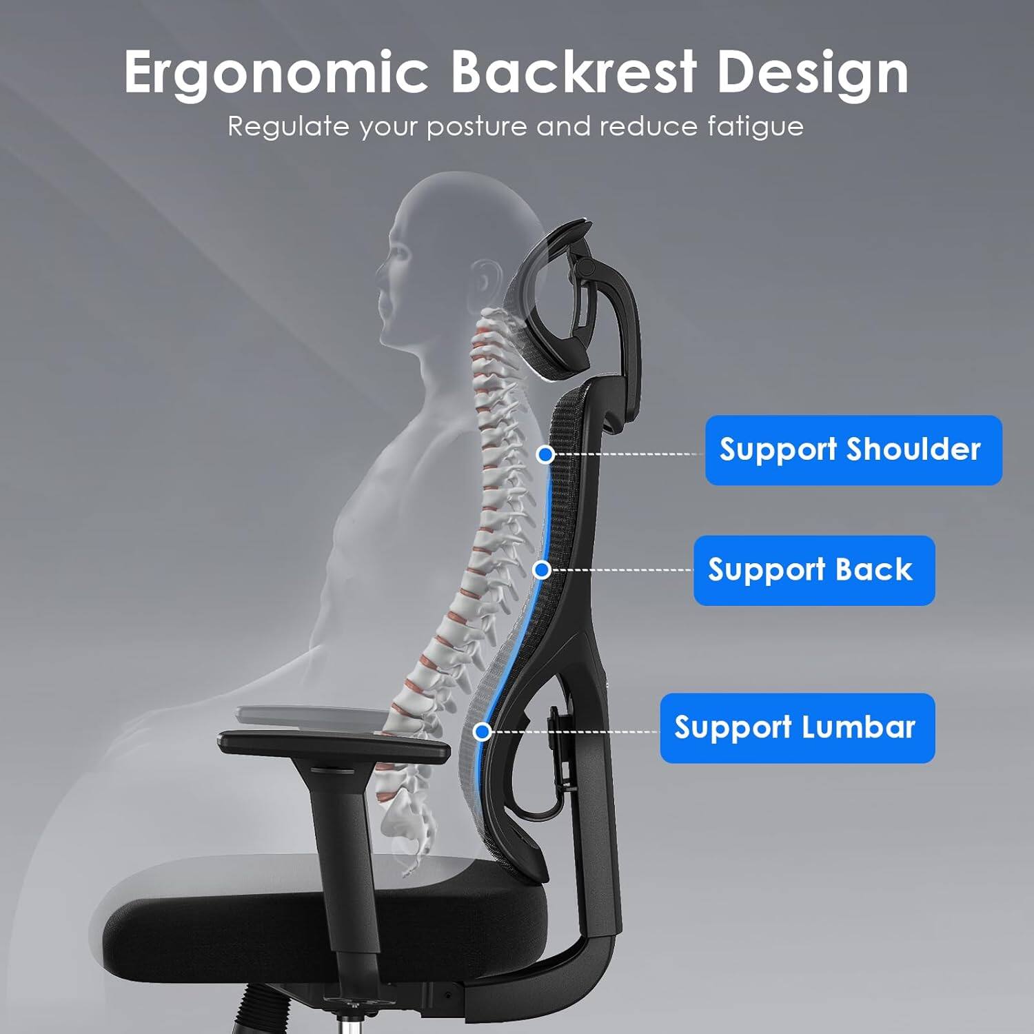 Ergonomic Backrest Design  
Regulate your posture and reduce fatigue  

- Support Shoulder  
- Support Back  
- Support Lumbar