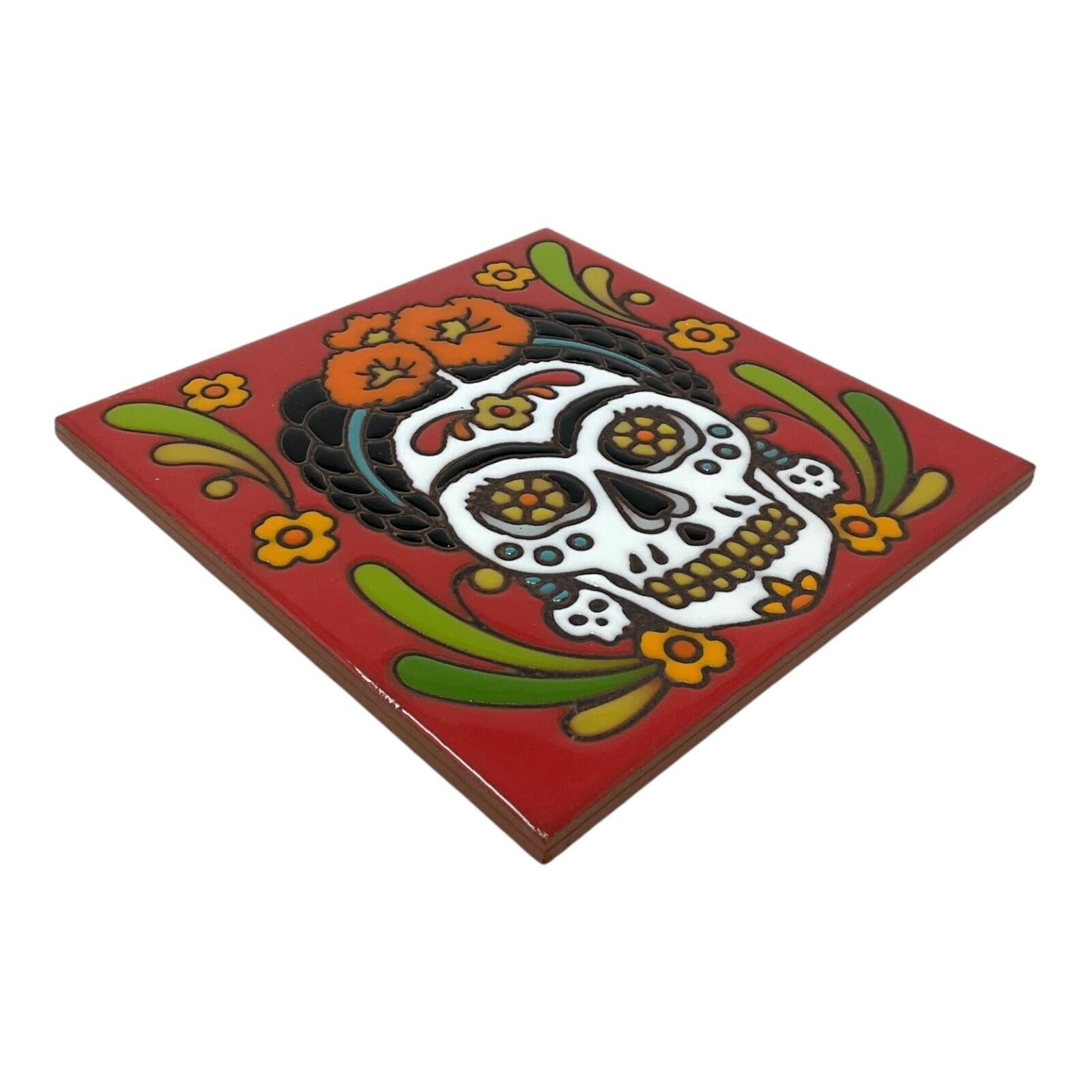 Left. Earthtones Tile - Earthtones Day of The Dead Mexican Painter 6X6 Red Hand Glazed Decorative Tile - Multiclor.