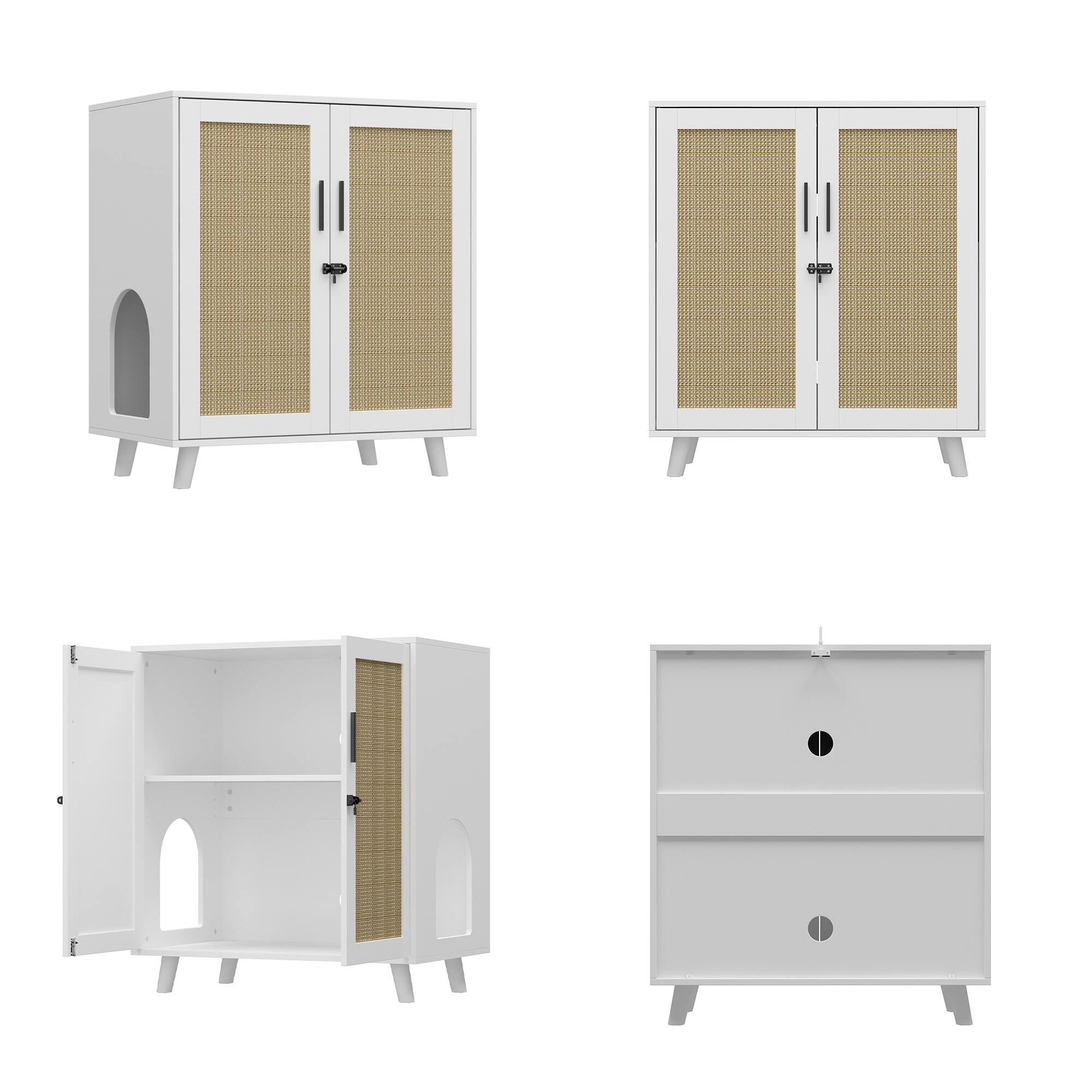 Left. FUFU & GAGA - Modern Cat Condo Cabinet – Adjustable Shelves, Concealed Litter Box & Integrated Scratching Surfaces.