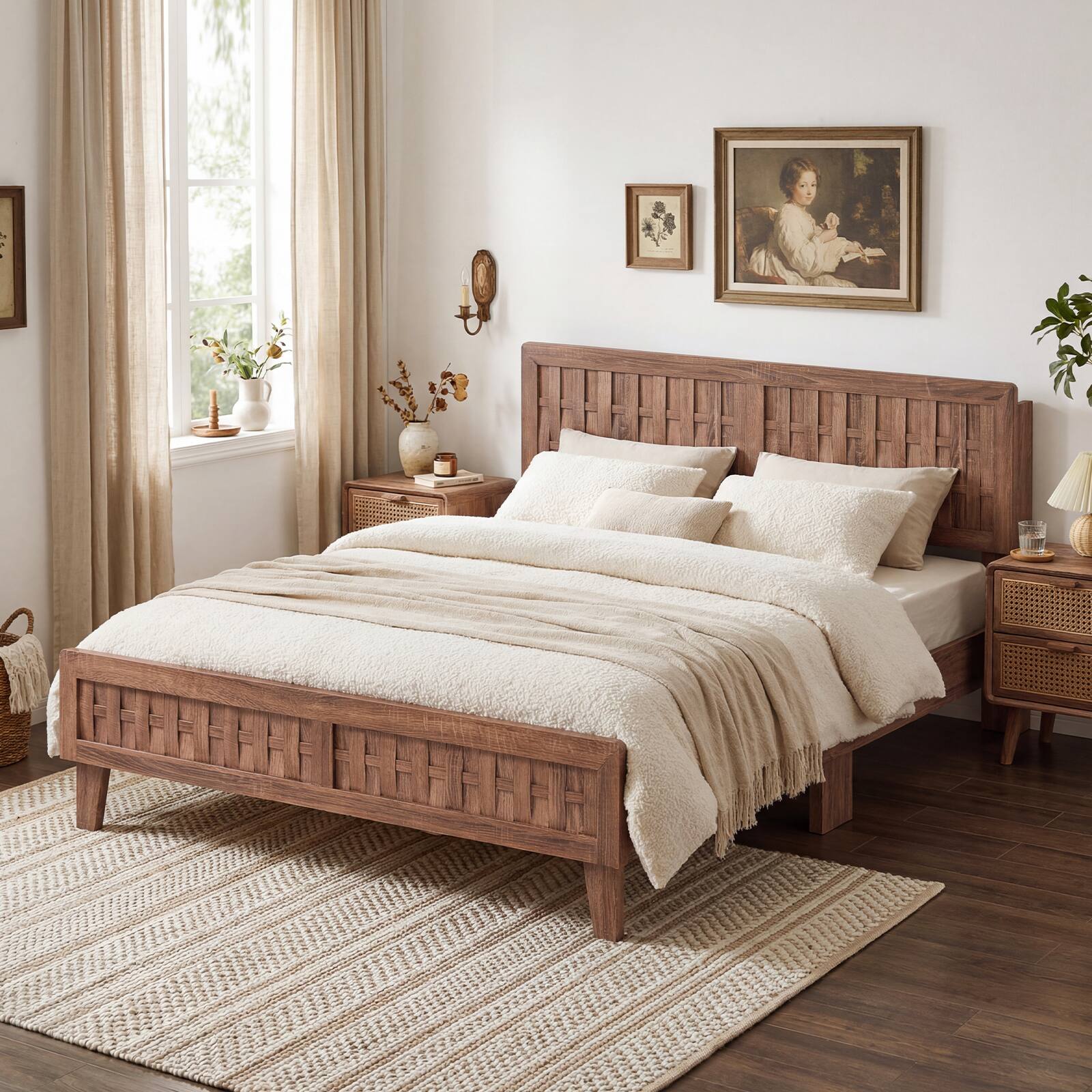 Alt View 4. Costway - Costway Queen Size Bed Frame with Woven Accent Headboard & Footboard, Wooden Slat Support - Walnut.