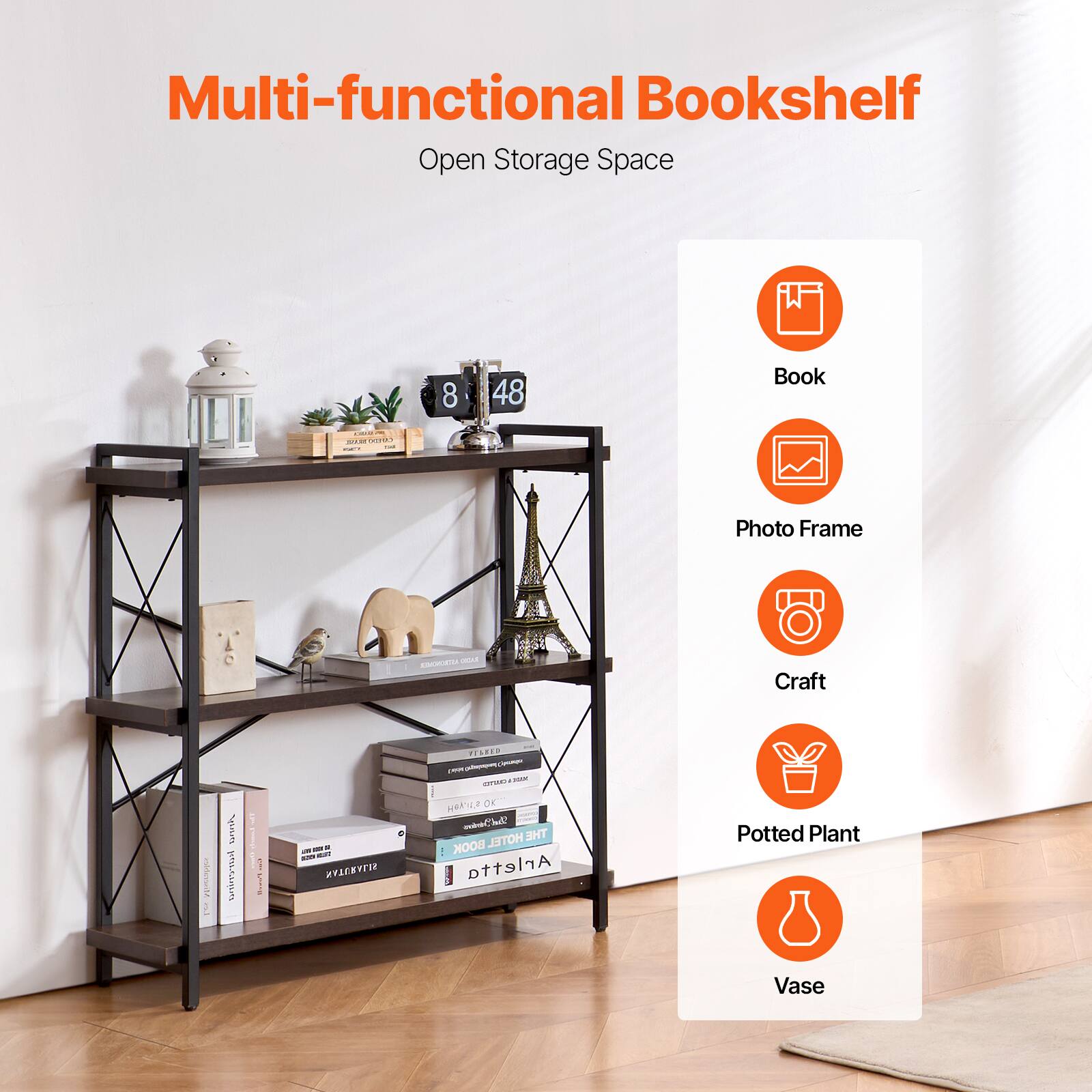 Multi-functional Bookshelf  
Open Storage Space  

- Book  
- Photo Frame  
- Craft  
- Potted Plant  
- Vase