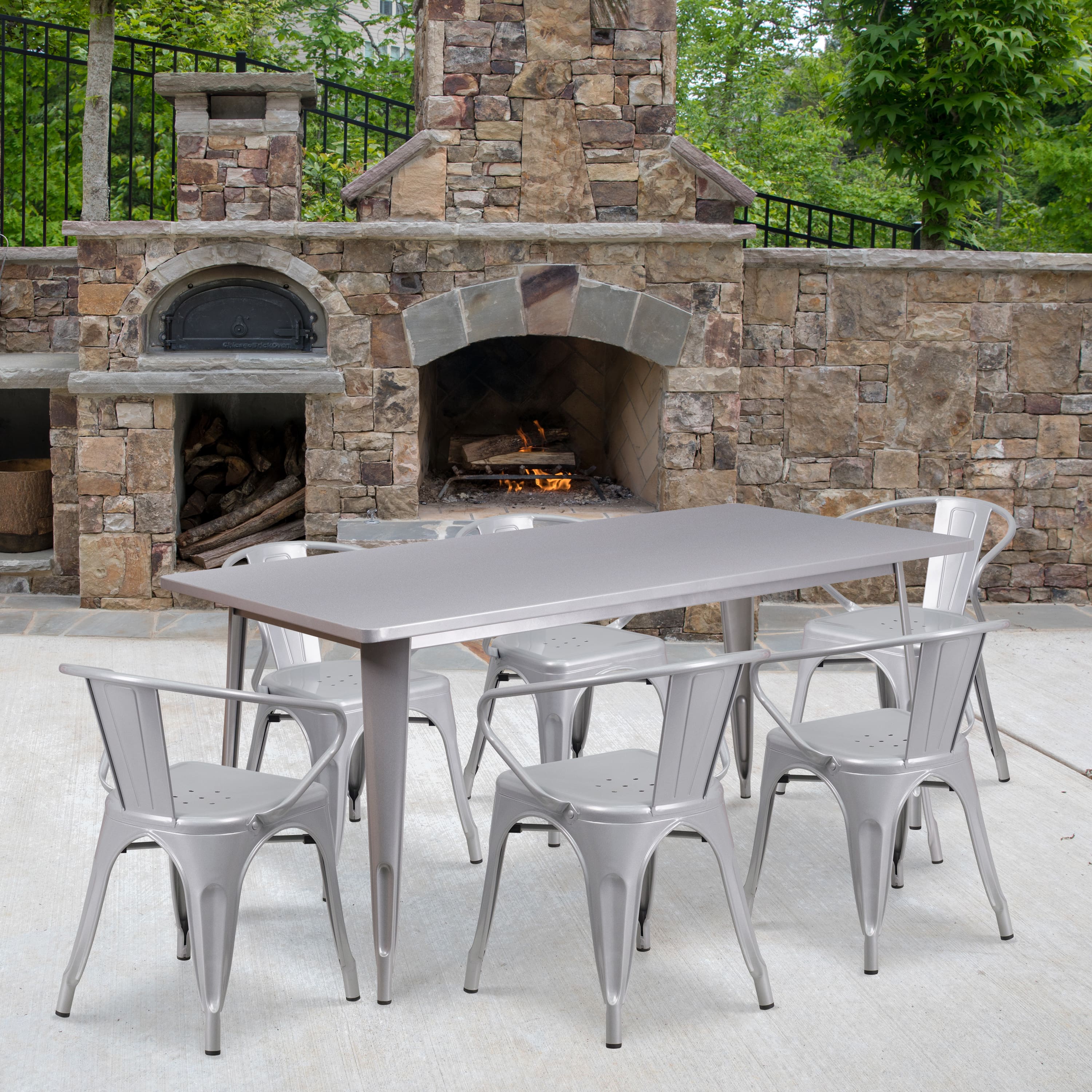 Emma + Oliver - Commercial Grade Rectangular Metal Indoor-Outdoor Table Set with 6 Arm Chairs - Silver