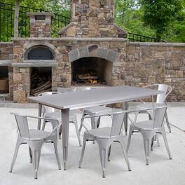 Emma + Oliver - Commercial Grade Rectangular Metal Indoor-Outdoor Table Set with 6 Arm Chairs - Silver