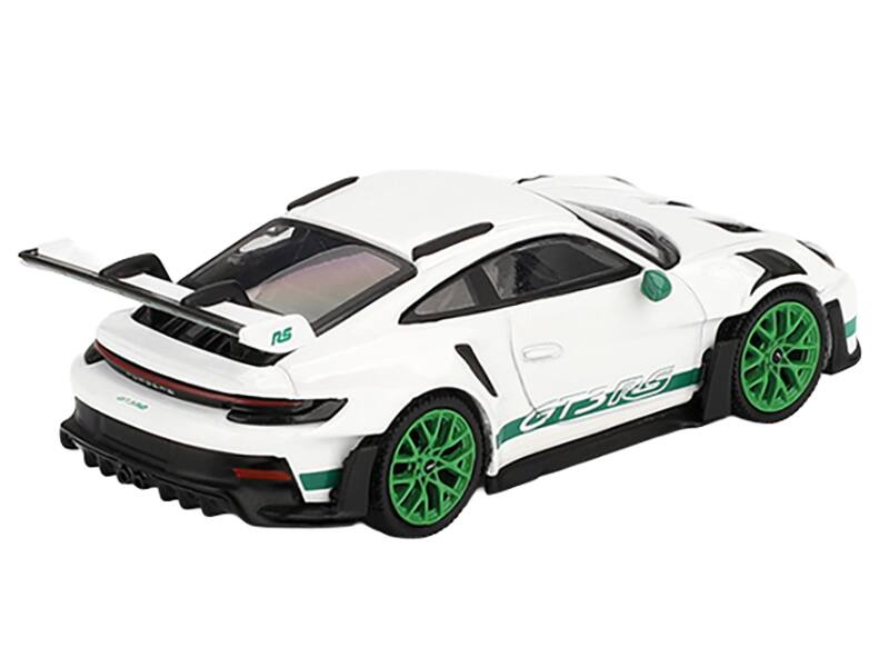 Left. Mini GT - Porsche 911 (992) GT3 RS White with Green Stripes and Wheels "Tribute to Carrera RS Package" Limited Edition 1/64 - White, Green.